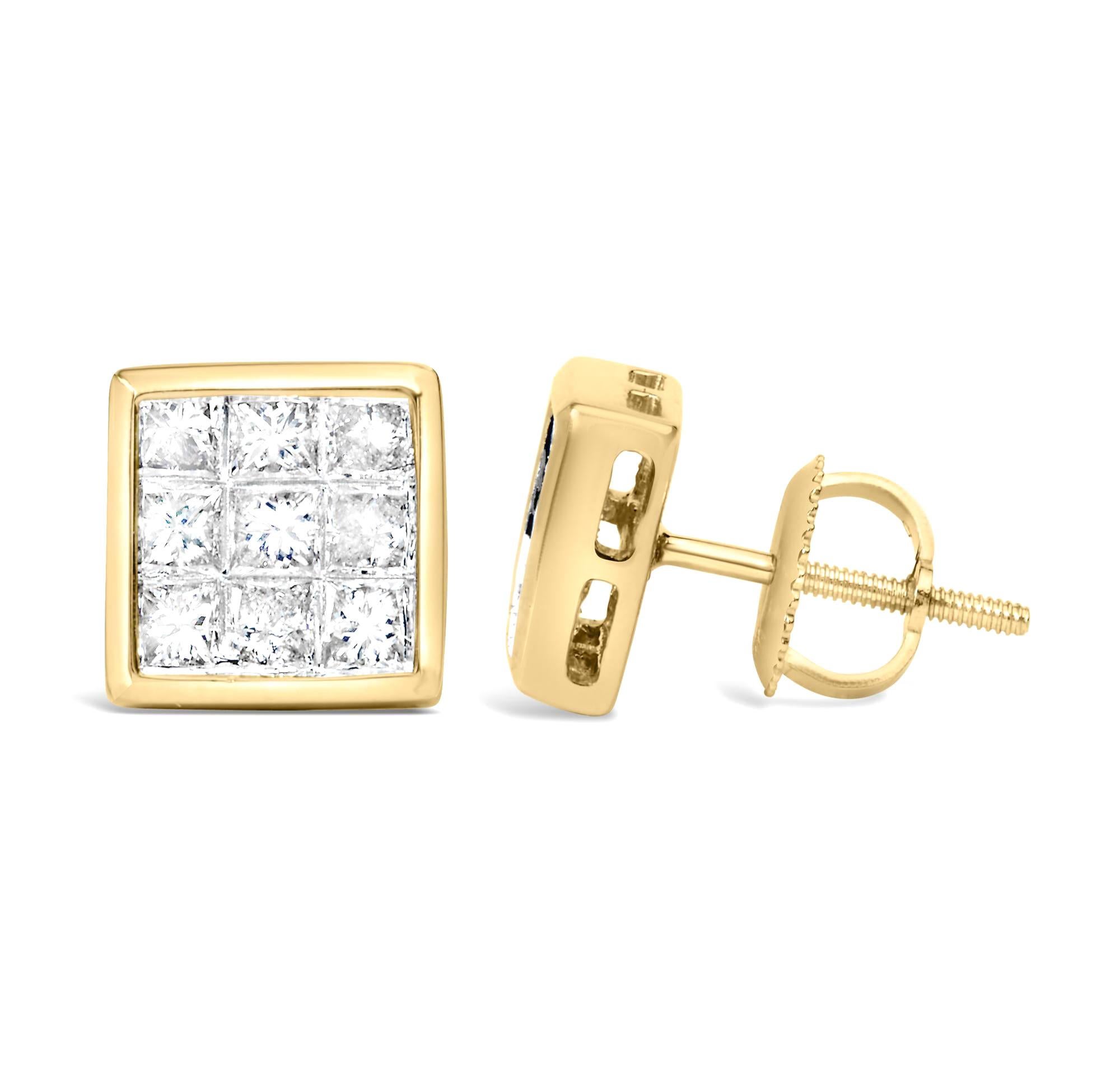 Square Stud Earrings Illusion Set Diamonds Princess Cut 14K Yellow Gold In Excellent Condition For Sale In Laguna Niguel, CA