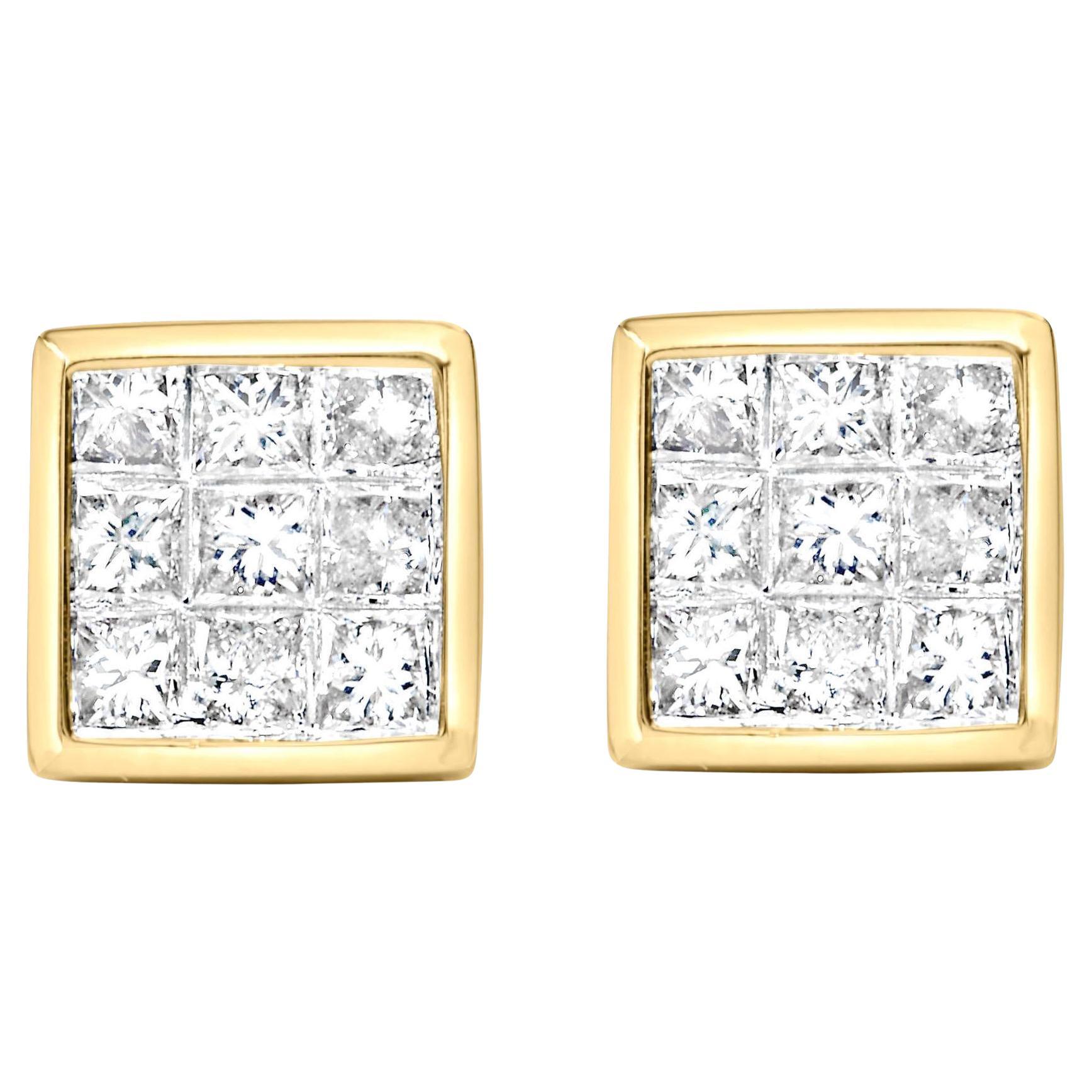 Square Stud Earrings Illusion Set Diamonds Princess Cut 14K Yellow Gold For Sale