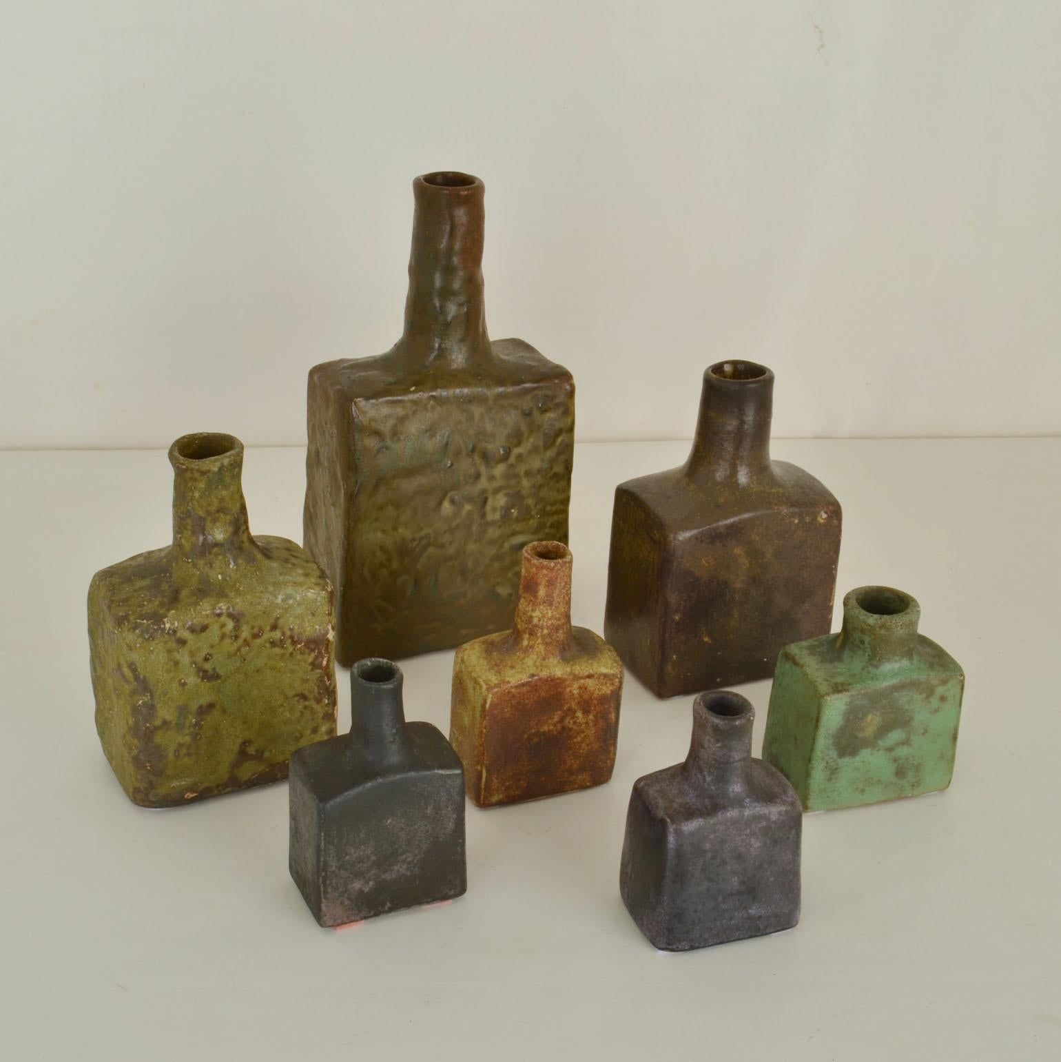 Mid-Century Modern Square Studio Ceramic Vases in Natural Tones and Organic Glaze For Sale