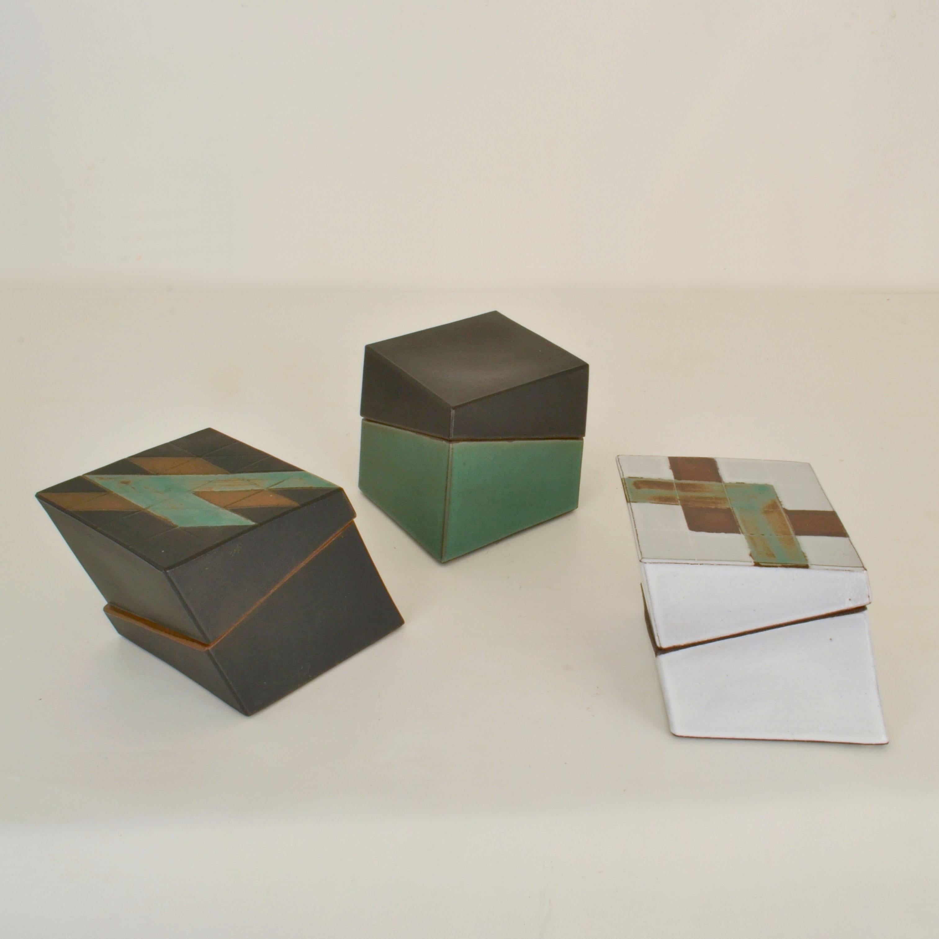 Late 20th Century Square Studio Pottery Boxes, Sage Green, Black and White For Sale