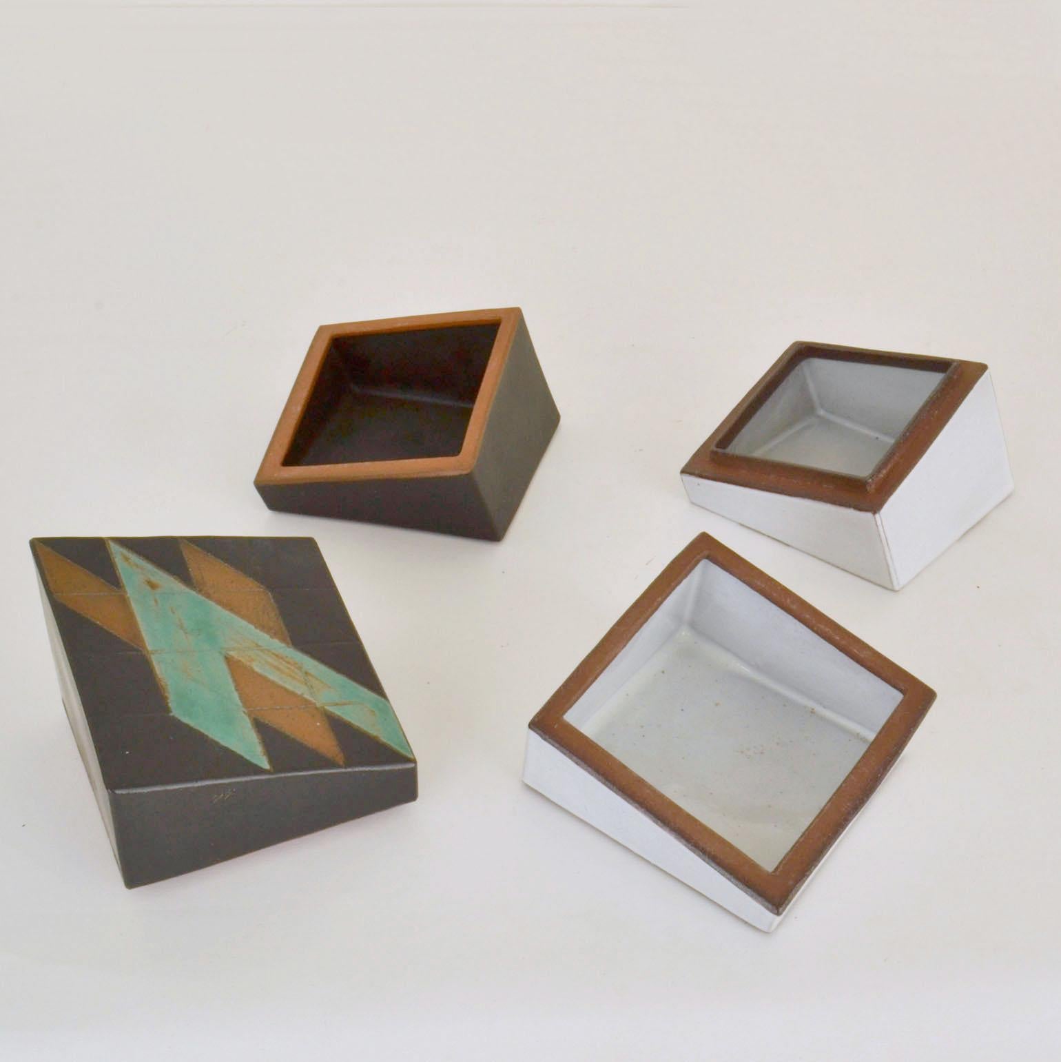 Mid-Century Modern Square Studio Pottery Boxes, Sage Green, Black and White For Sale