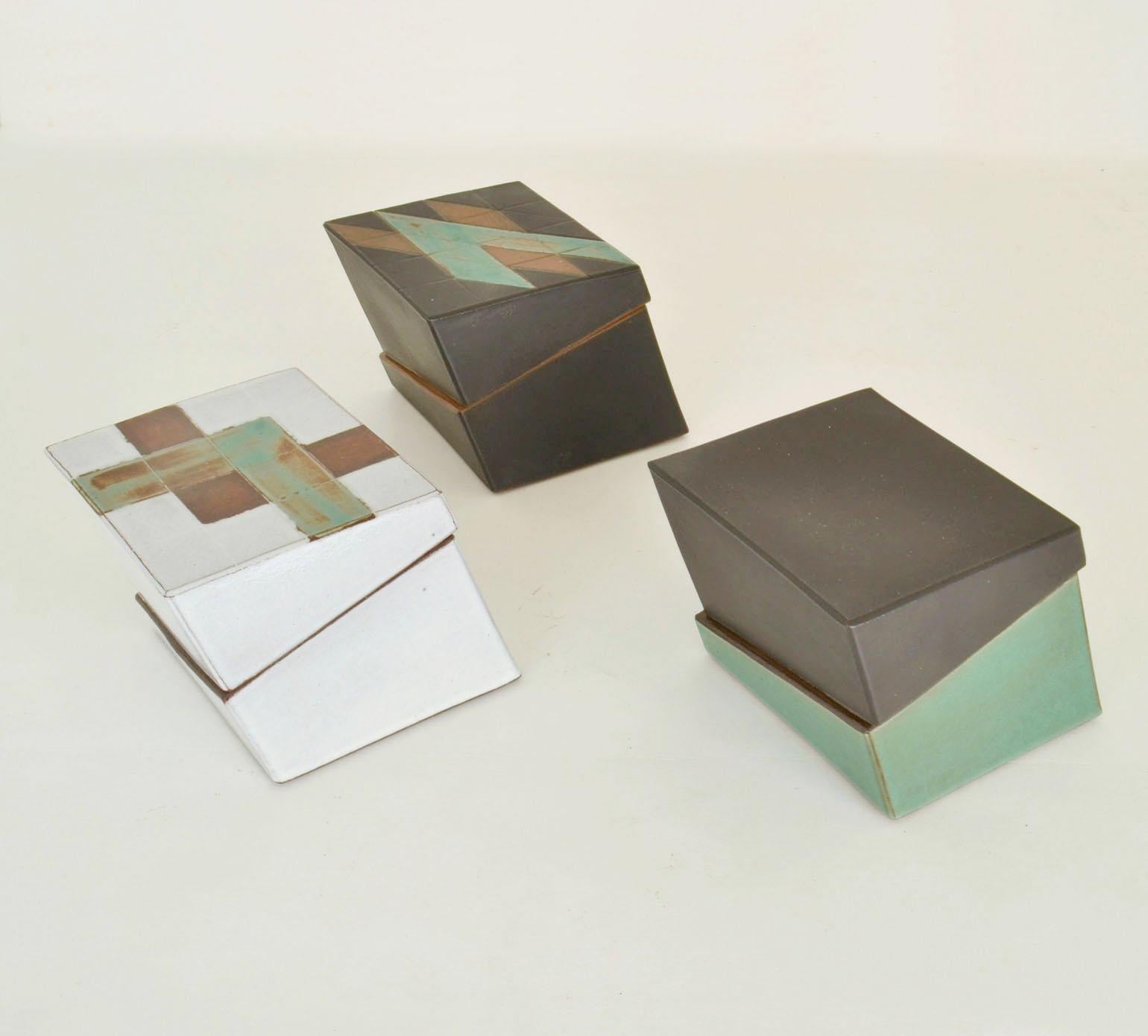 European Square Studio Pottery Boxes, Sage Green, Black and White For Sale