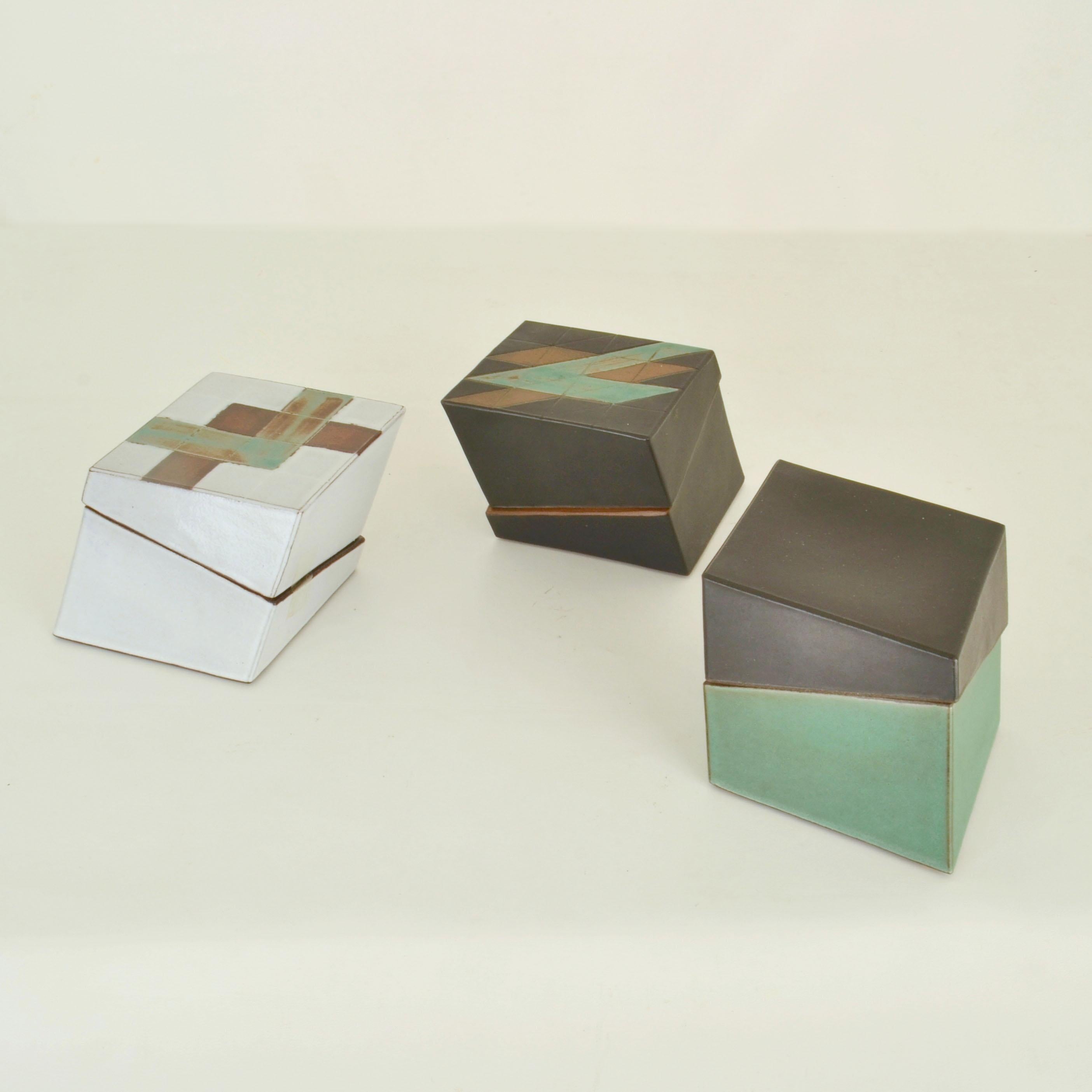 Hand-Crafted Square Studio Pottery Boxes, Sage Green, Black and White For Sale