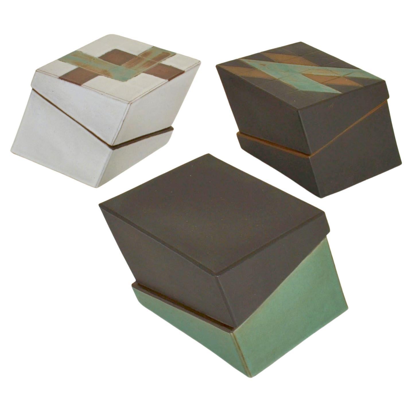 Square Studio Pottery Boxes, Sage Green, Black and White For Sale