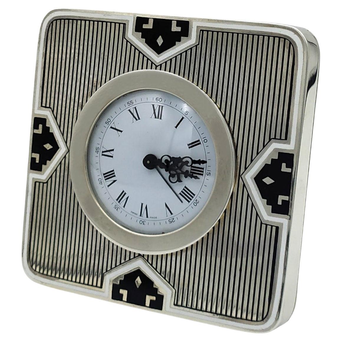 Square Table Clock Art Deco Inspired by Louis Cartier Sterling Silver Salimbeni For Sale