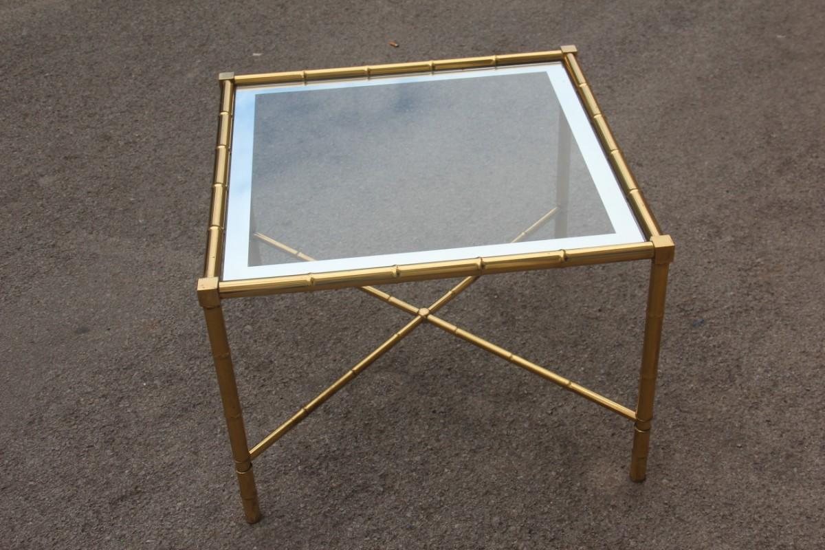 Square table coffee brass gold glass top mirror Italian design 1970s bamboo rod.
  