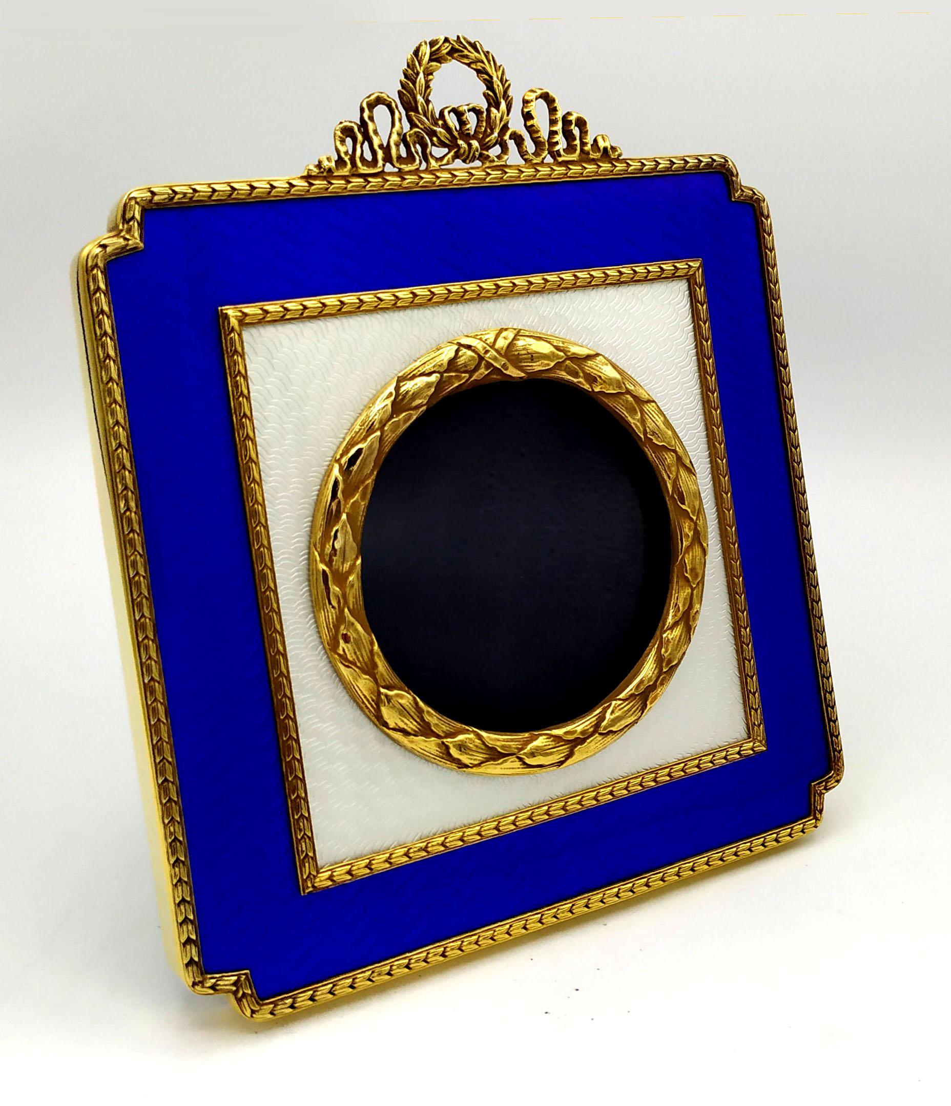 Italian Square Table Frame White and Blue Sterling Silver Enamel Salimbeni For Sale