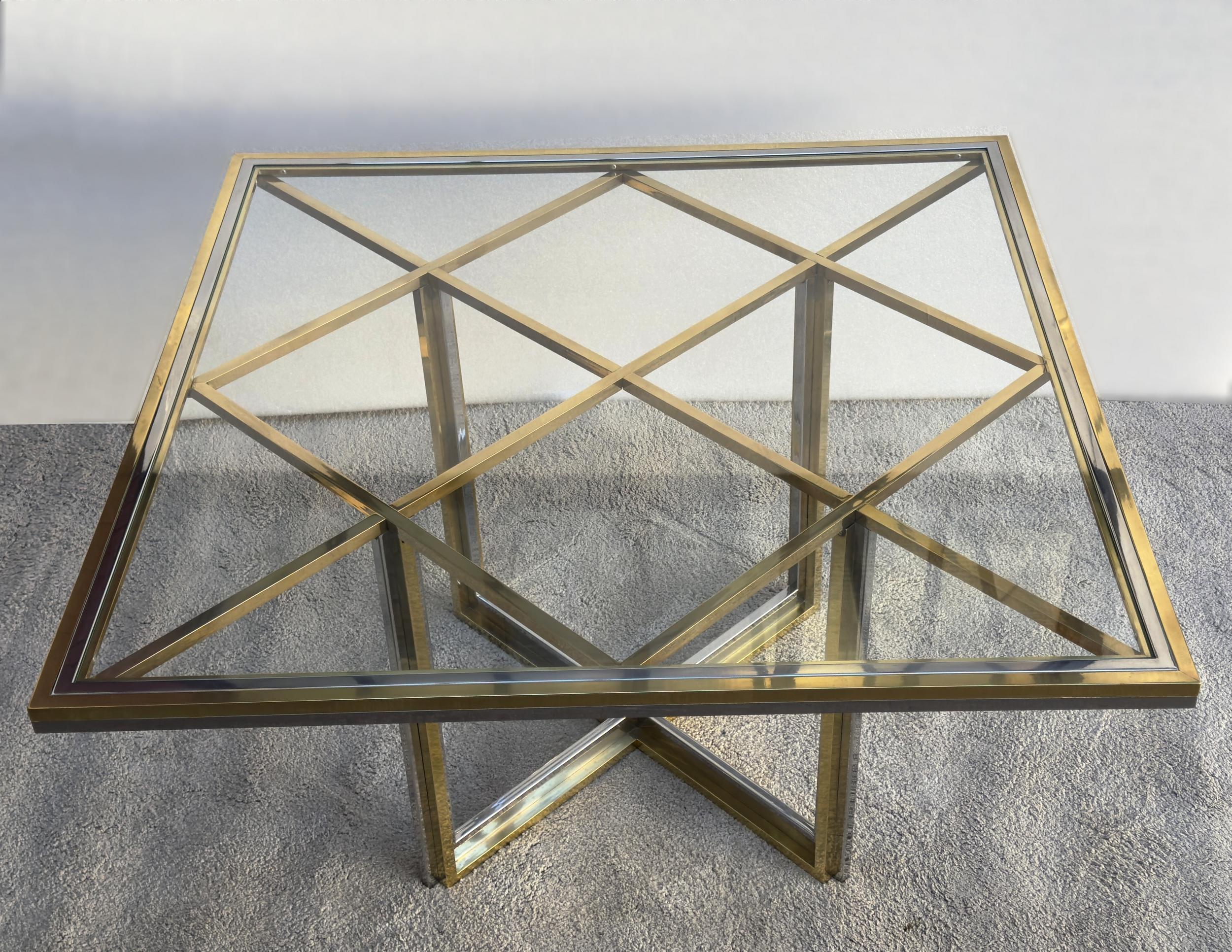Italian Square table in polished brass and chromed steel, Romeo Rega, Italy, circa 1970 For Sale