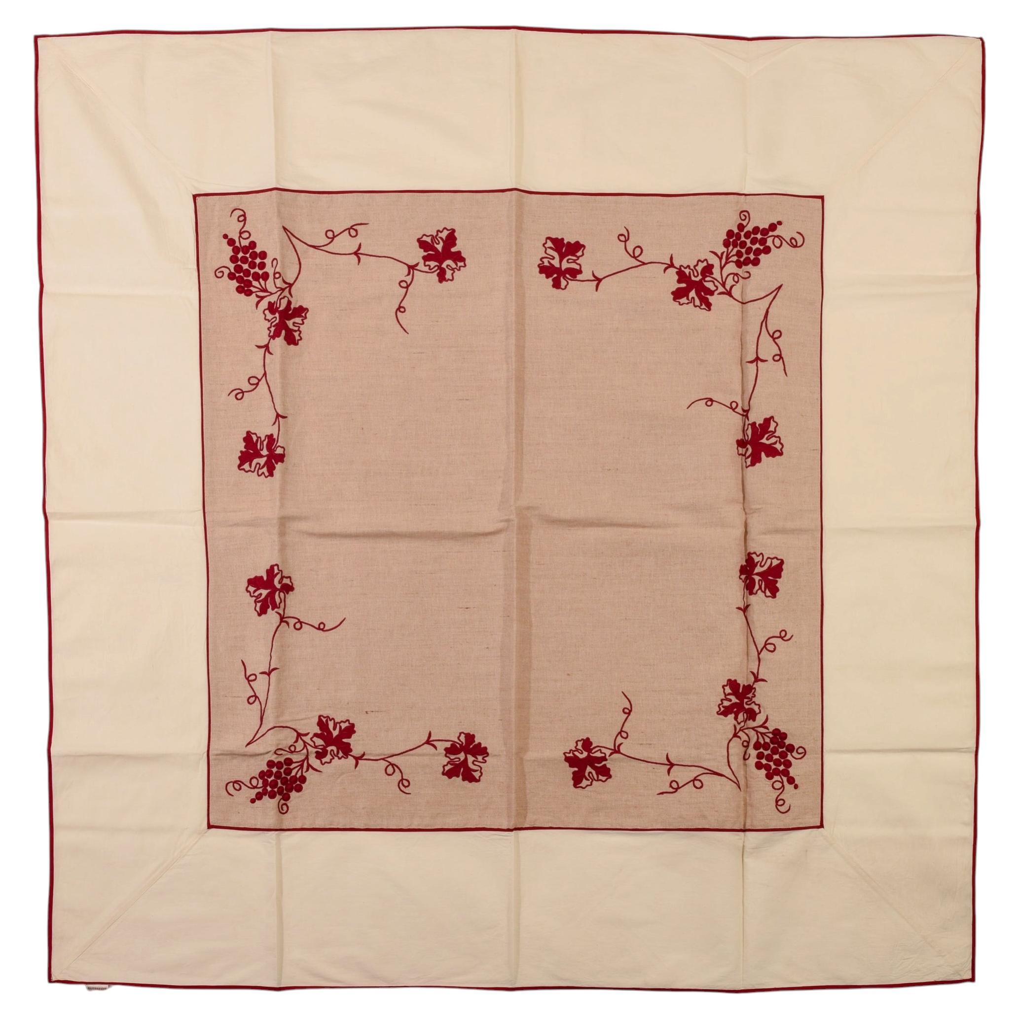 Harvest Square Tablecloths Set, Cotton, Embroidered Grapes, France