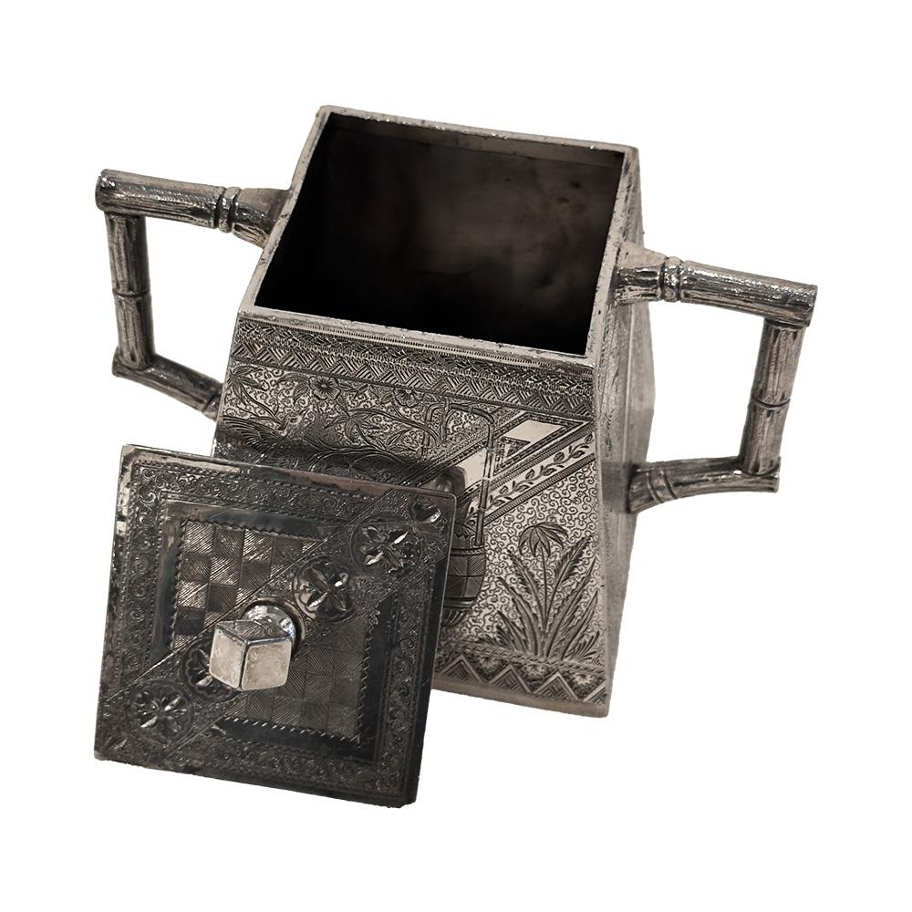 Engraved Cubist square Tea Set by James W. Tufts, Aesthetic Movement Silver Plated  For Sale