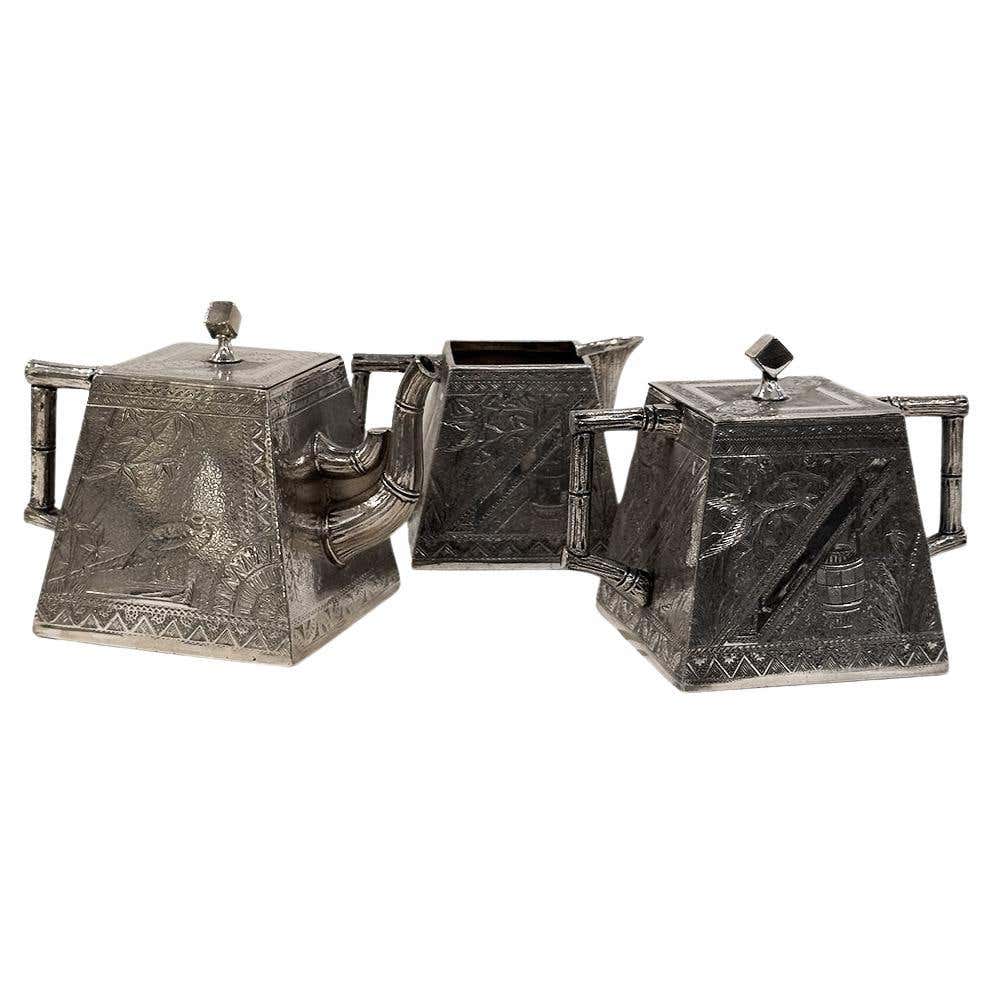 Cubist square Tea Set by James W. Tufts, Aesthetic Movement Silver