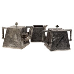 Antique Cubist square Tea Set by James W. Tufts, Aesthetic Movement Silver Plated 
