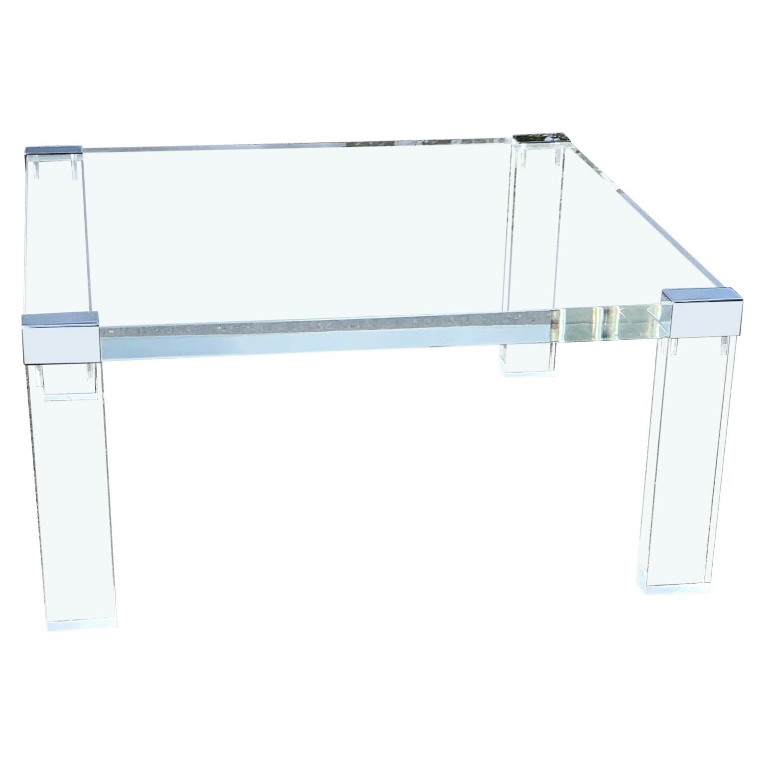 Hand-Crafted Italian Square Lucite And Chrome Coffee Or Cocktail Table