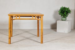 Square Top Chinese Elmwood Side Table with Geometric Apron