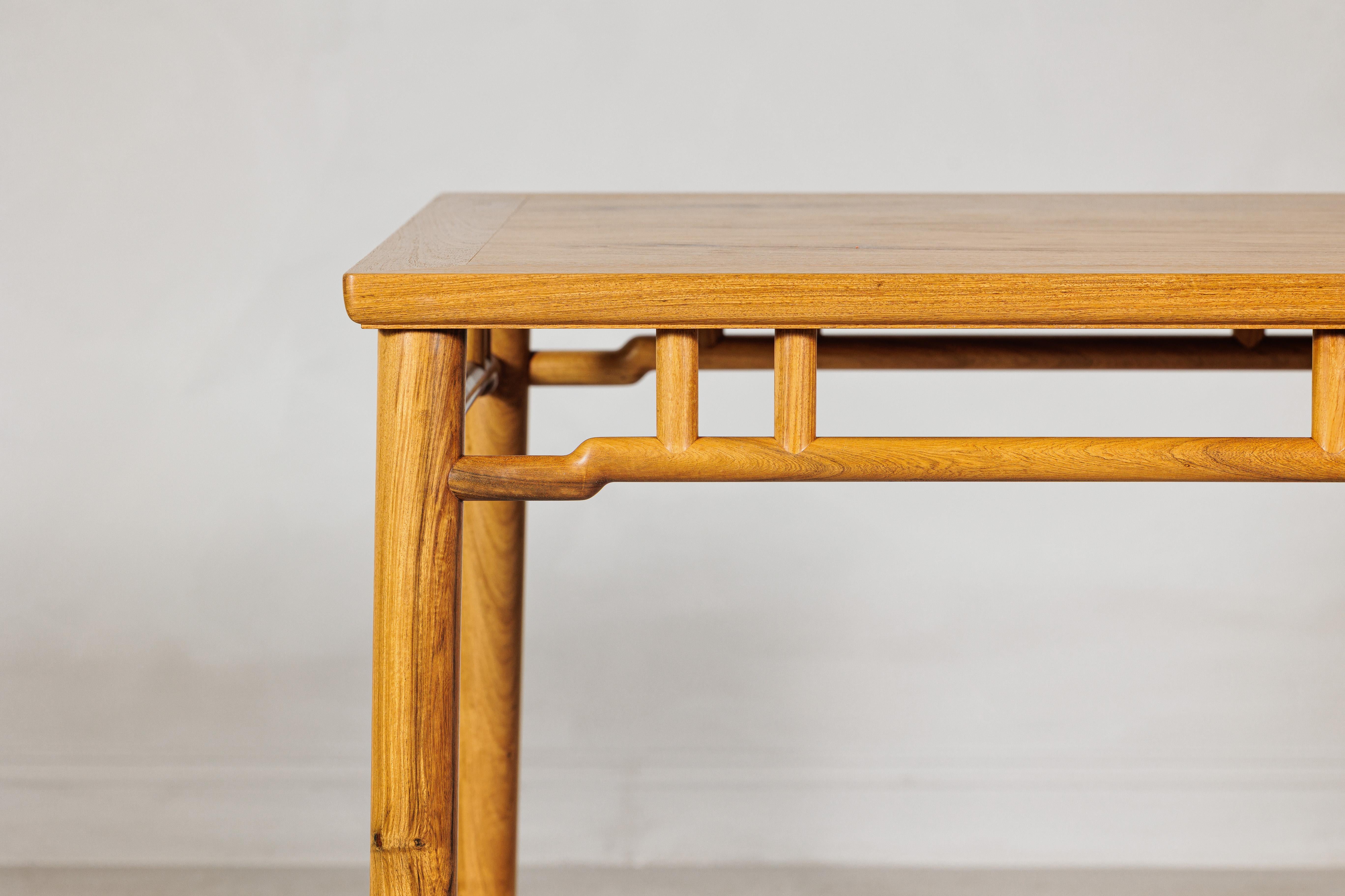 Square Top Chinese Elmwood Side Table with Geometric Apron In Good Condition For Sale In Yonkers, NY