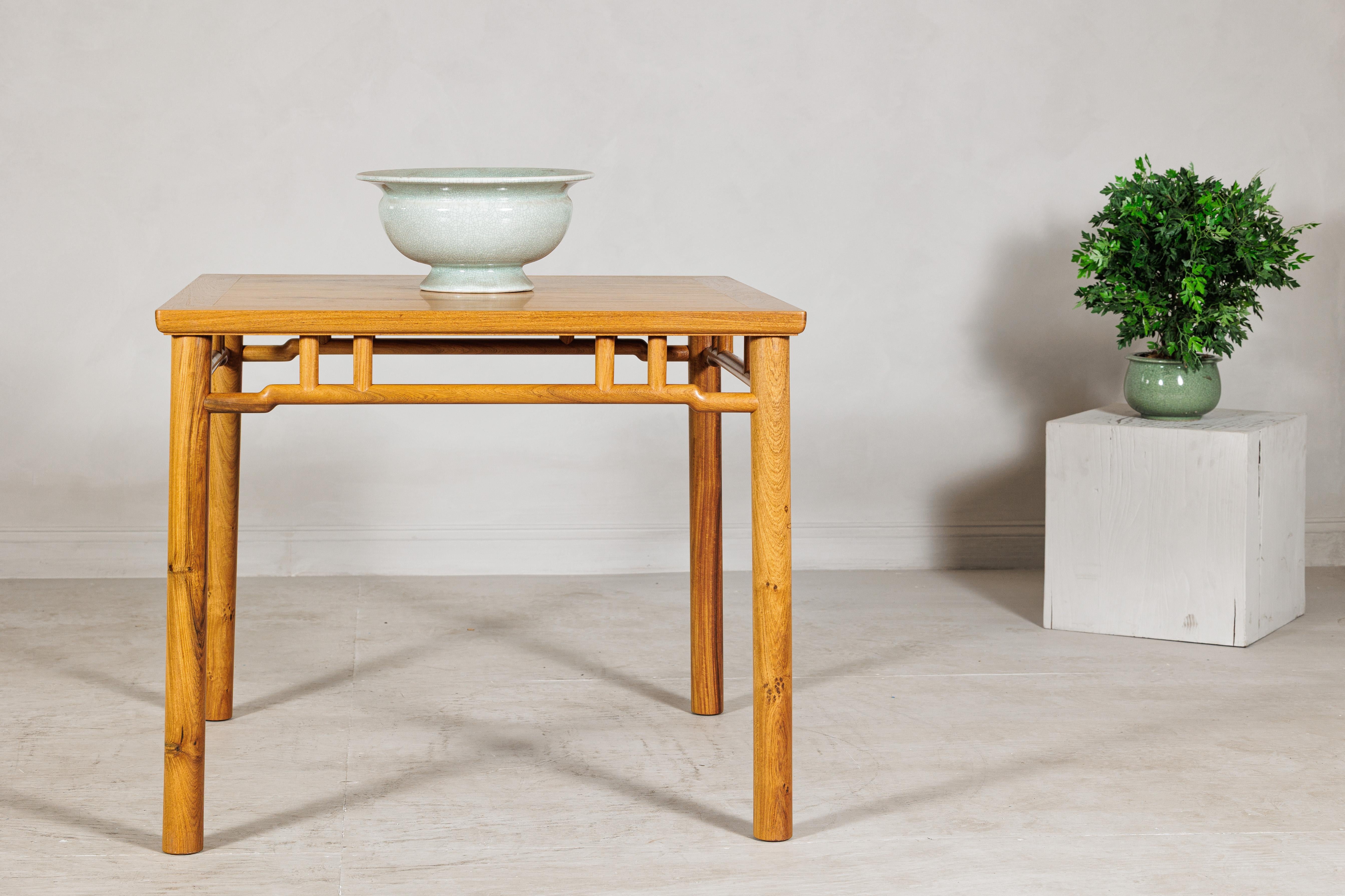 Square Top Chinese Elmwood Side Table with Geometric Apron For Sale 3