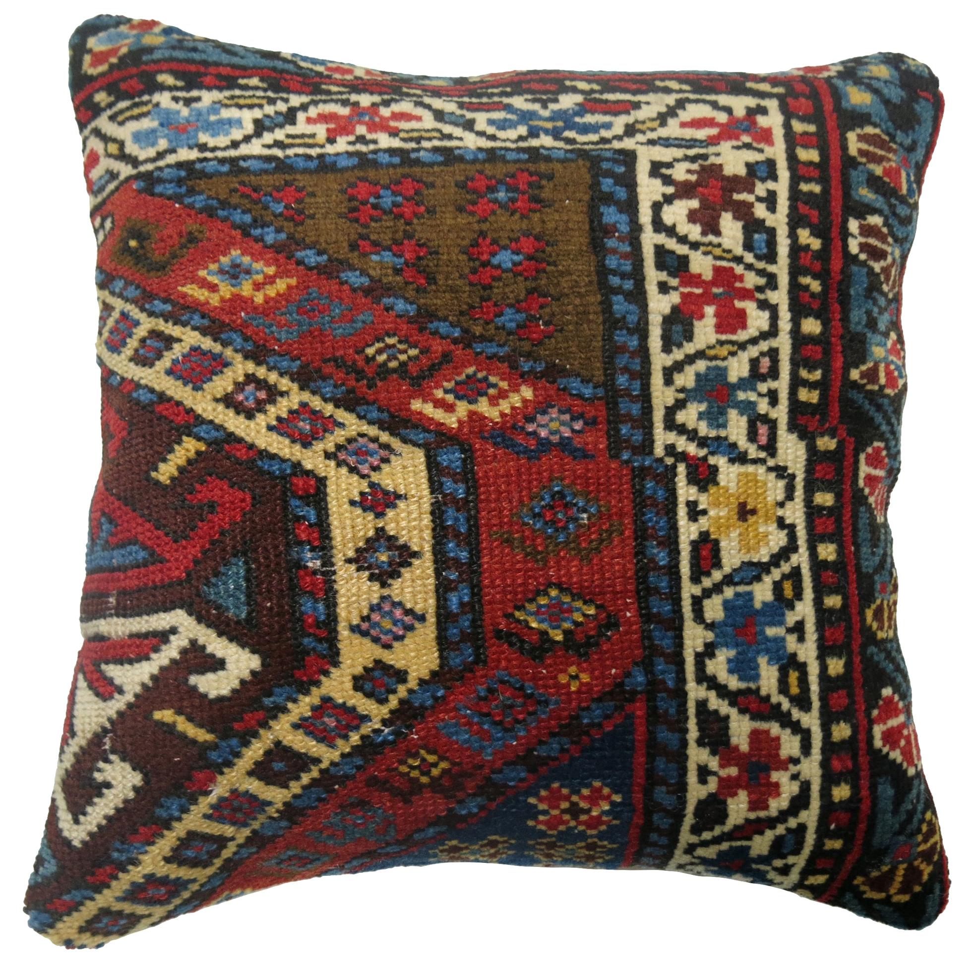 Square Traditional Antique Caucasian Red Blue Tribal Kazak Rug Pillow