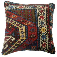 Square Traditional Antique Caucasian Red Blue Tribal Kazak Rug Pillow