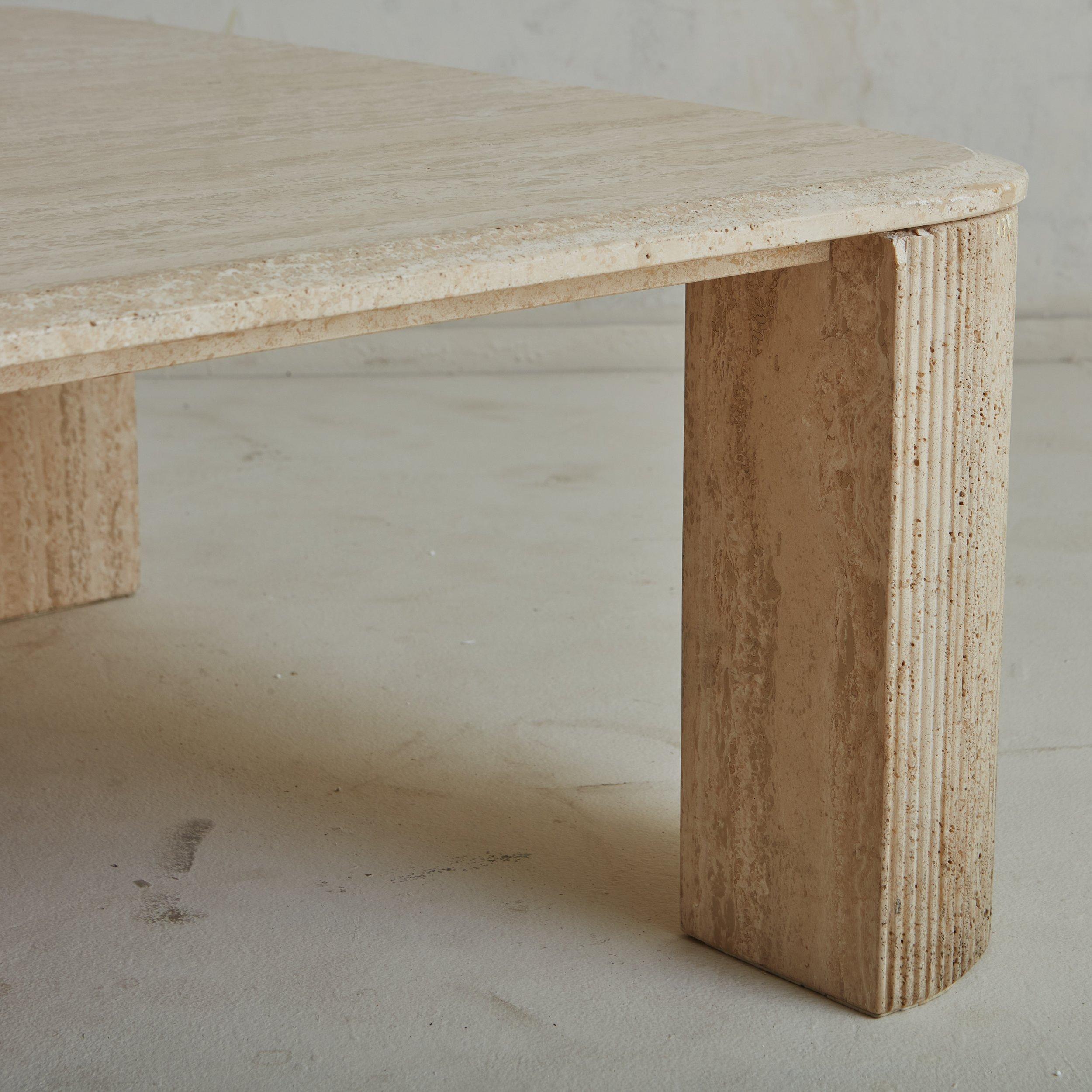 Italian Square Travertine Coffee Table with Fluted Legs, Italy 20th Century For Sale
