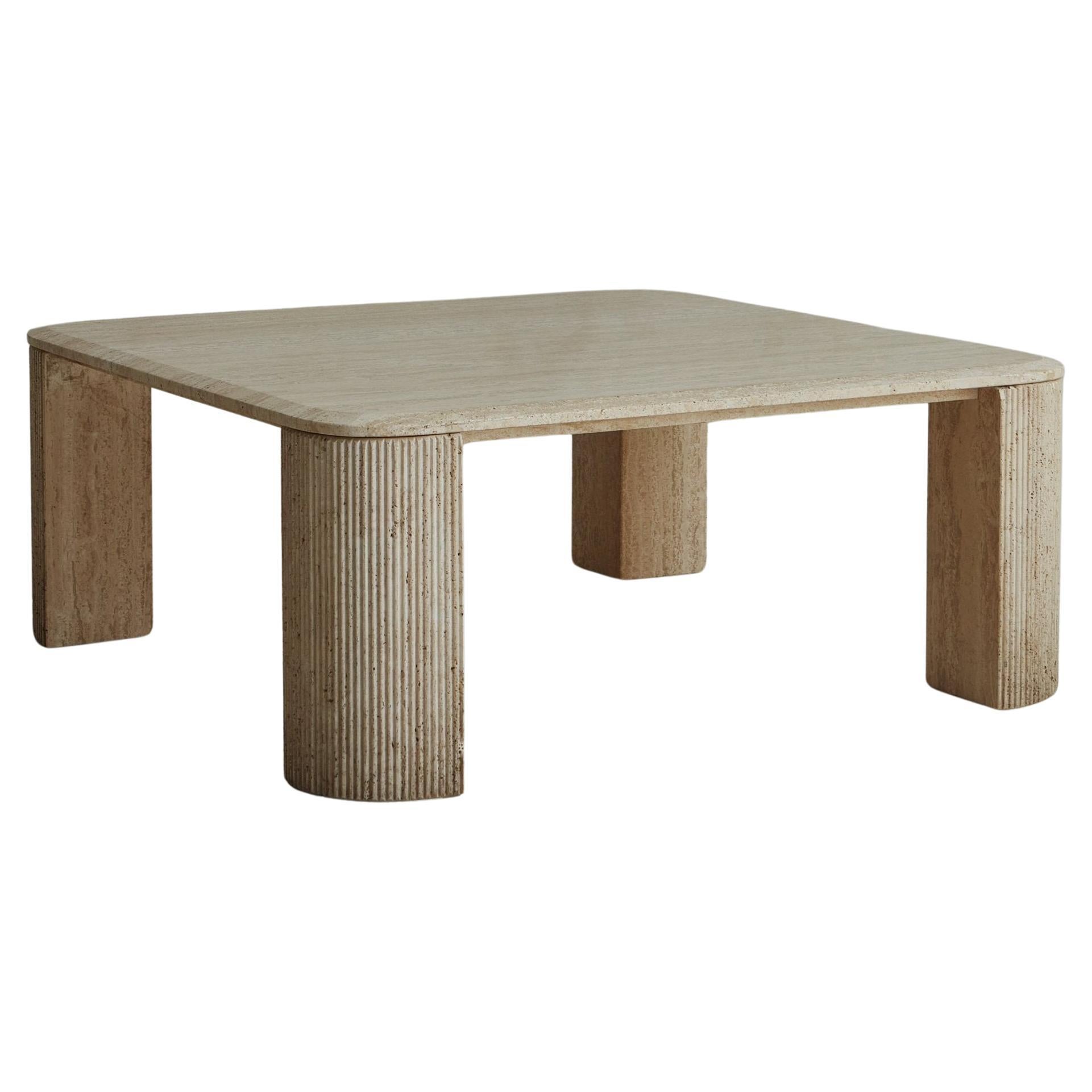 Square Travertine Coffee Table with Fluted Legs, Italy 20th Century For Sale