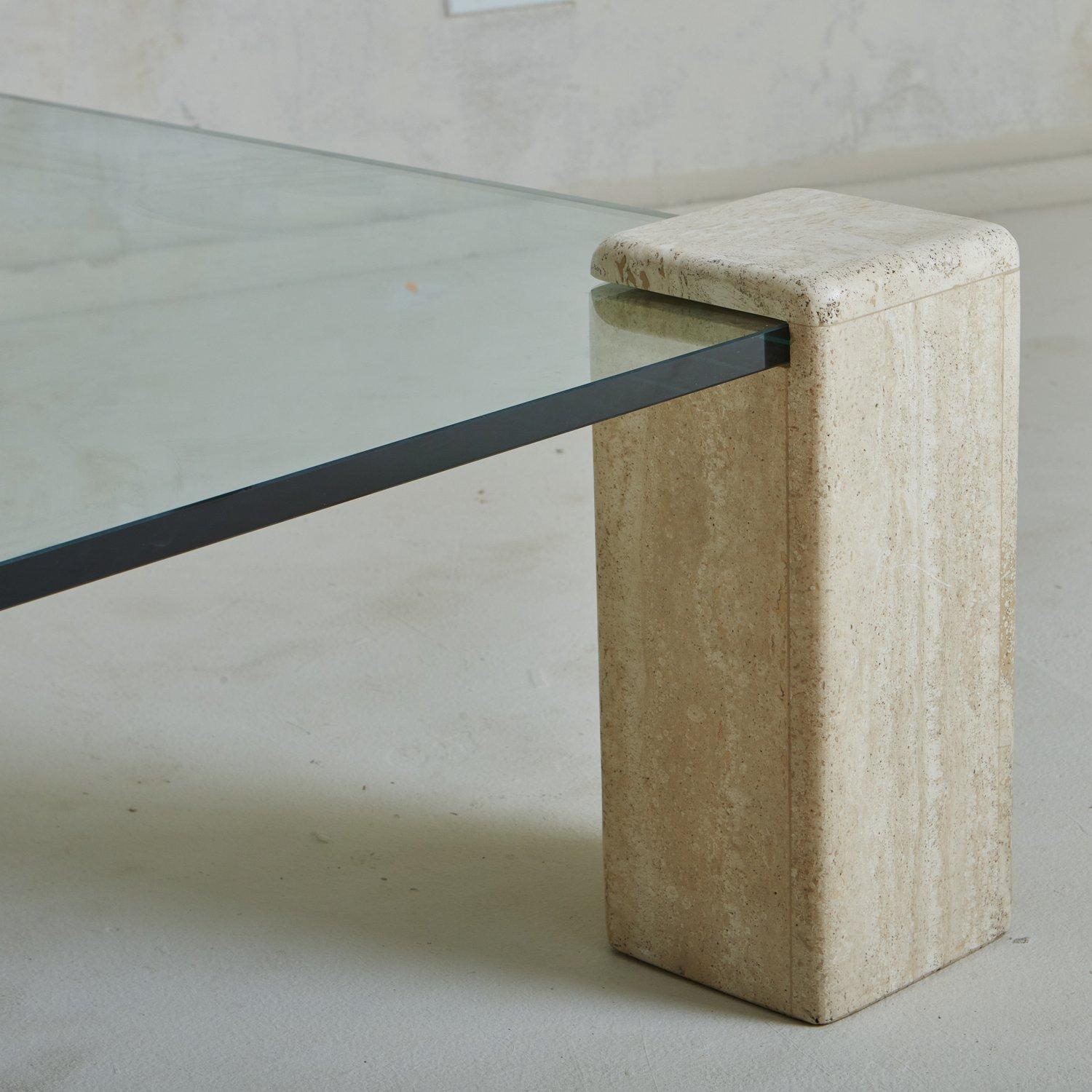Mid-Century Modern Square Travertine + Glass Coffee Table, Germany 1970s For Sale