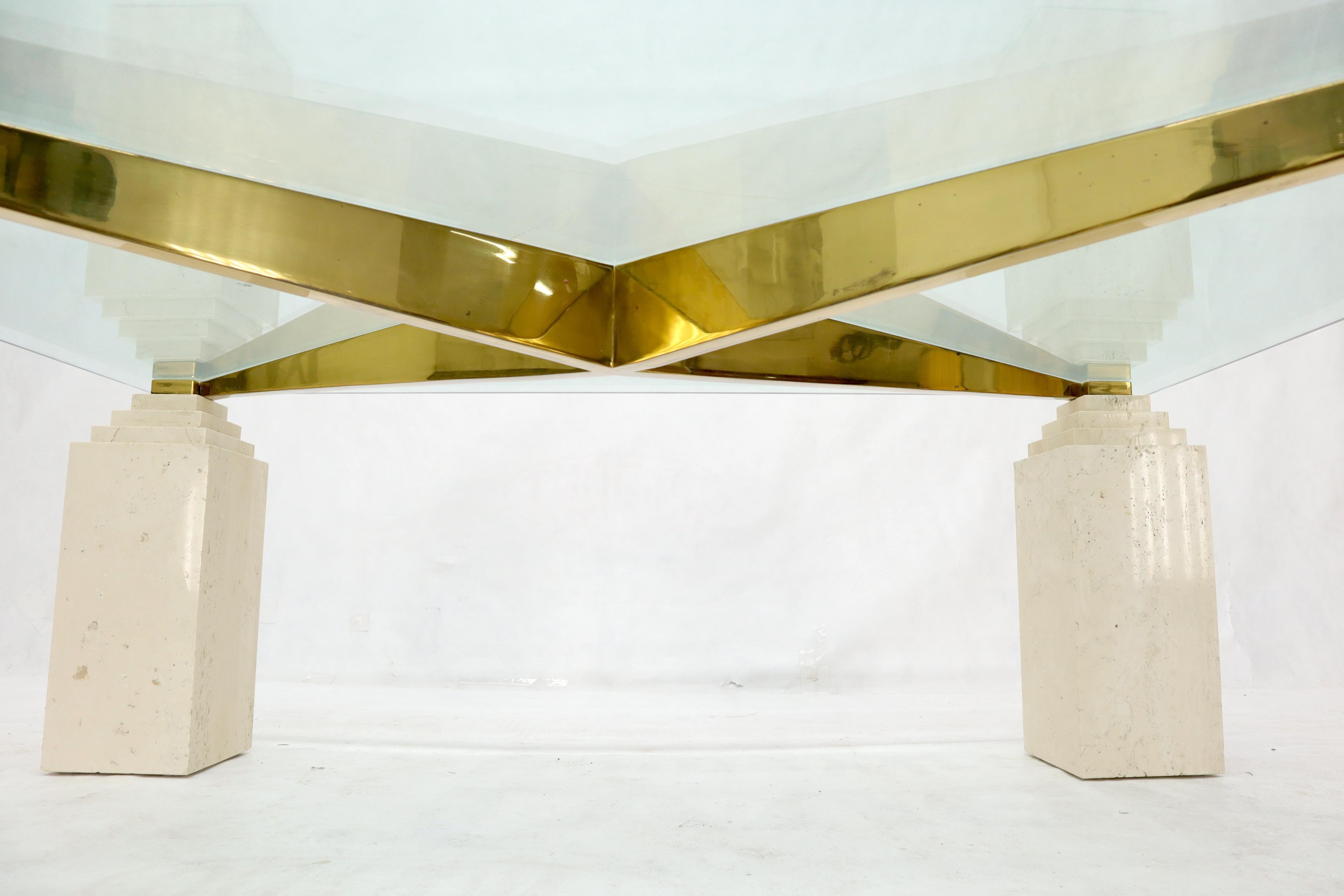 Italian Square Travertine Legs Brass X Shape Base Glass Top Coffee Table For Sale