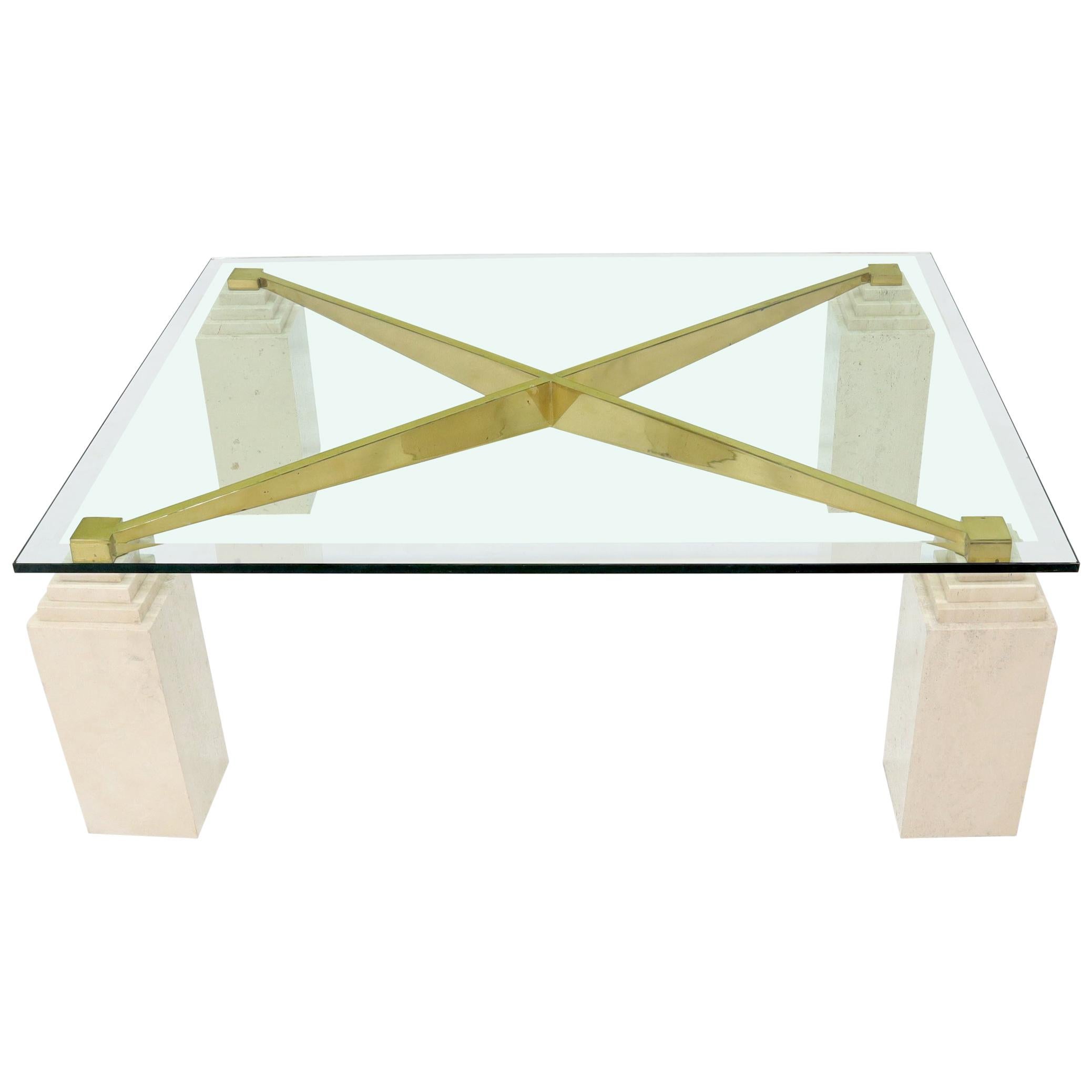 Square Travertine Legs Brass X Shape Base Glass Top Coffee Table
