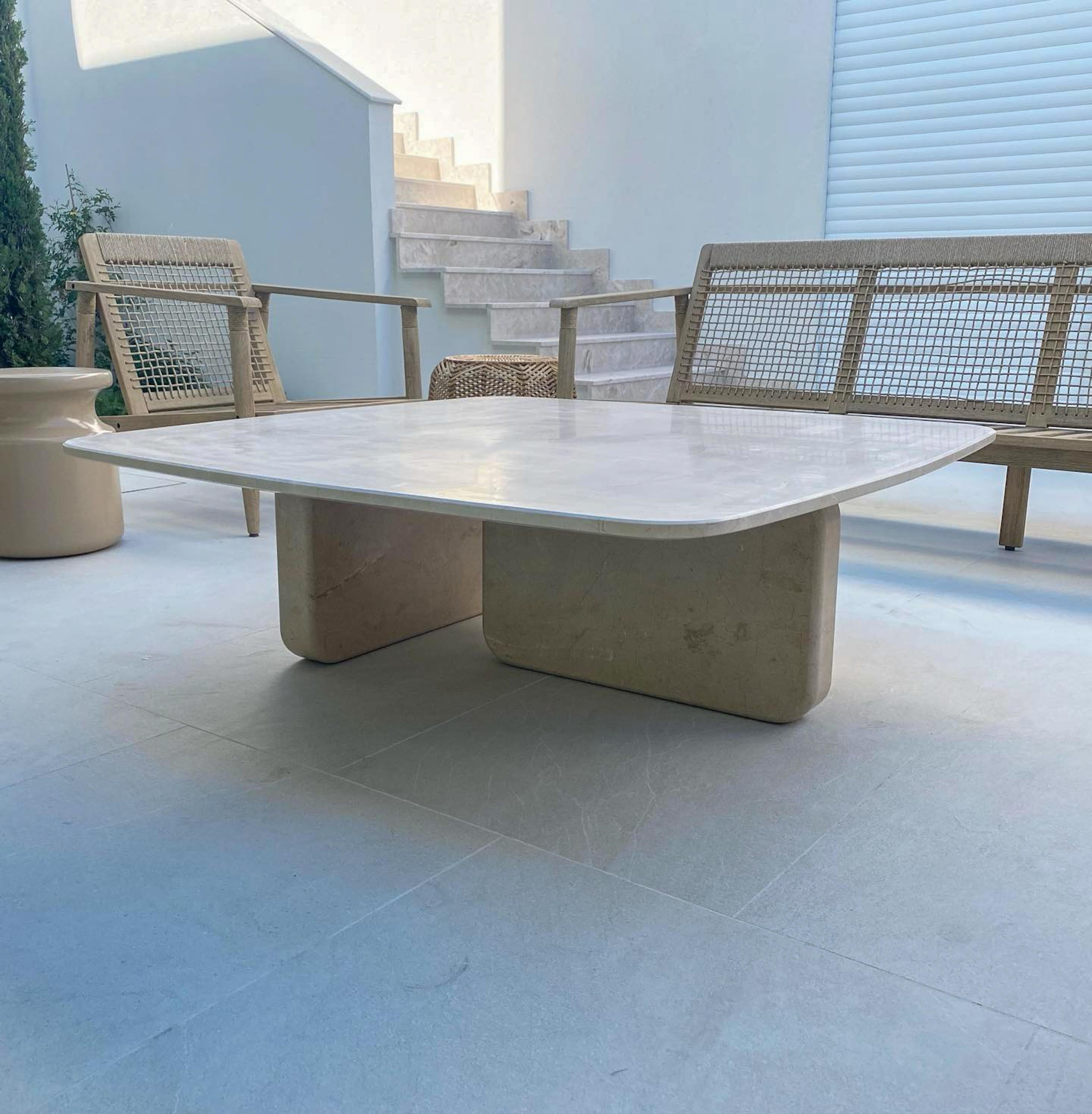 Arts and Crafts Square Travertine Natural Stone Coffee Table - Custom Large Marble Center Table For Sale