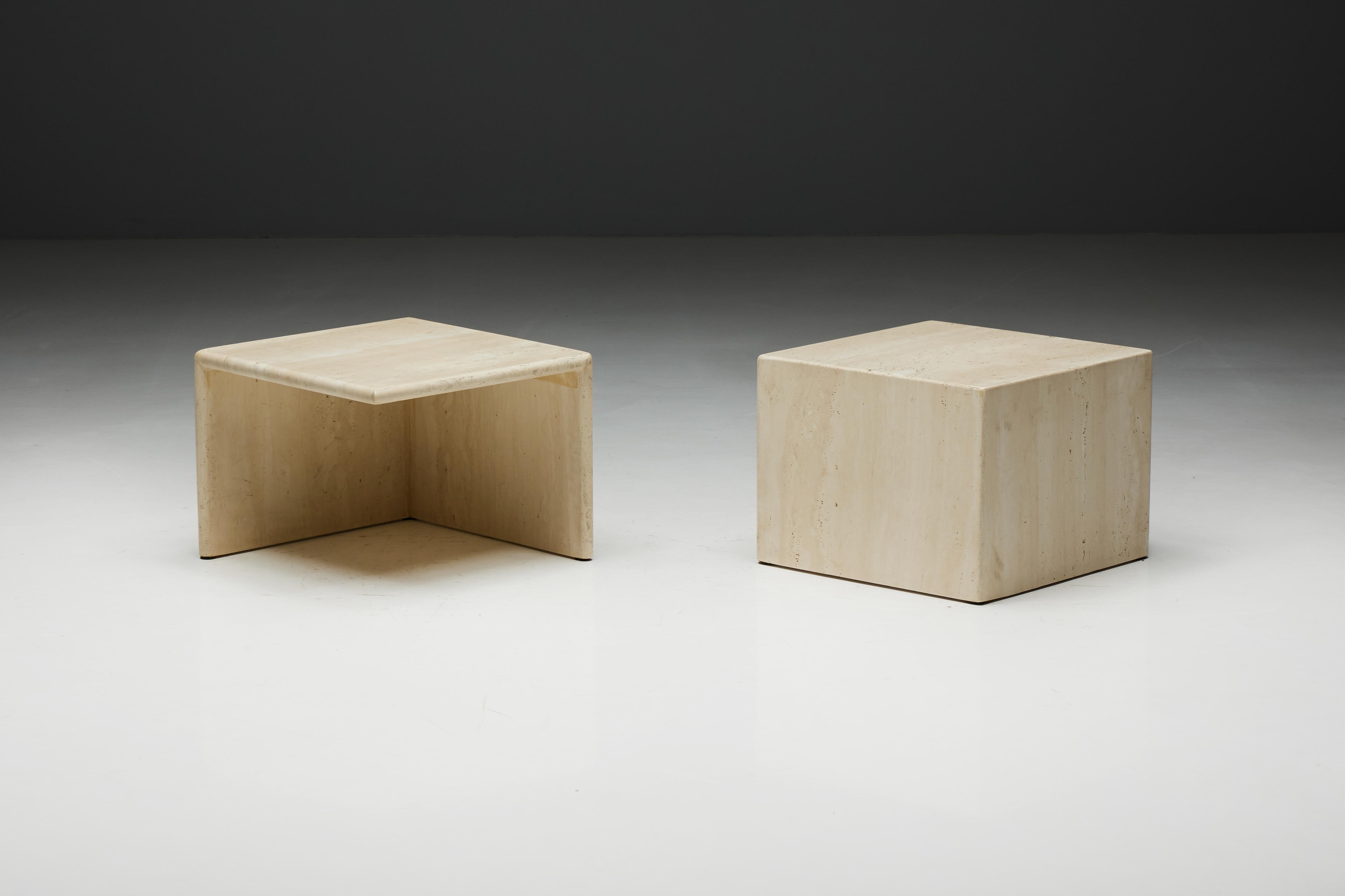 Mid-Century Modern Square Travertine Side Tables, Italy, 1970s