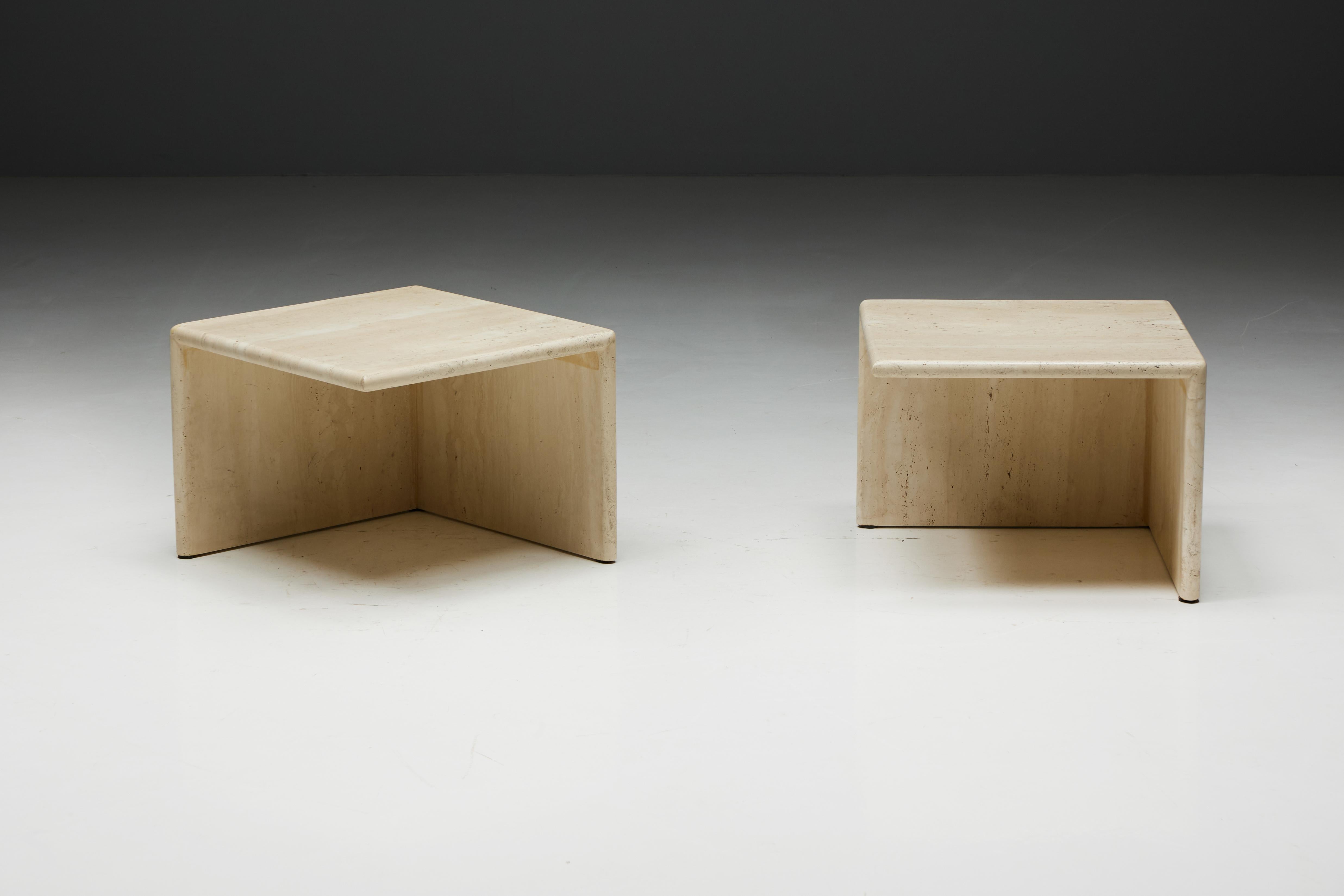 European Square Travertine Side Tables, Italy, 1970s