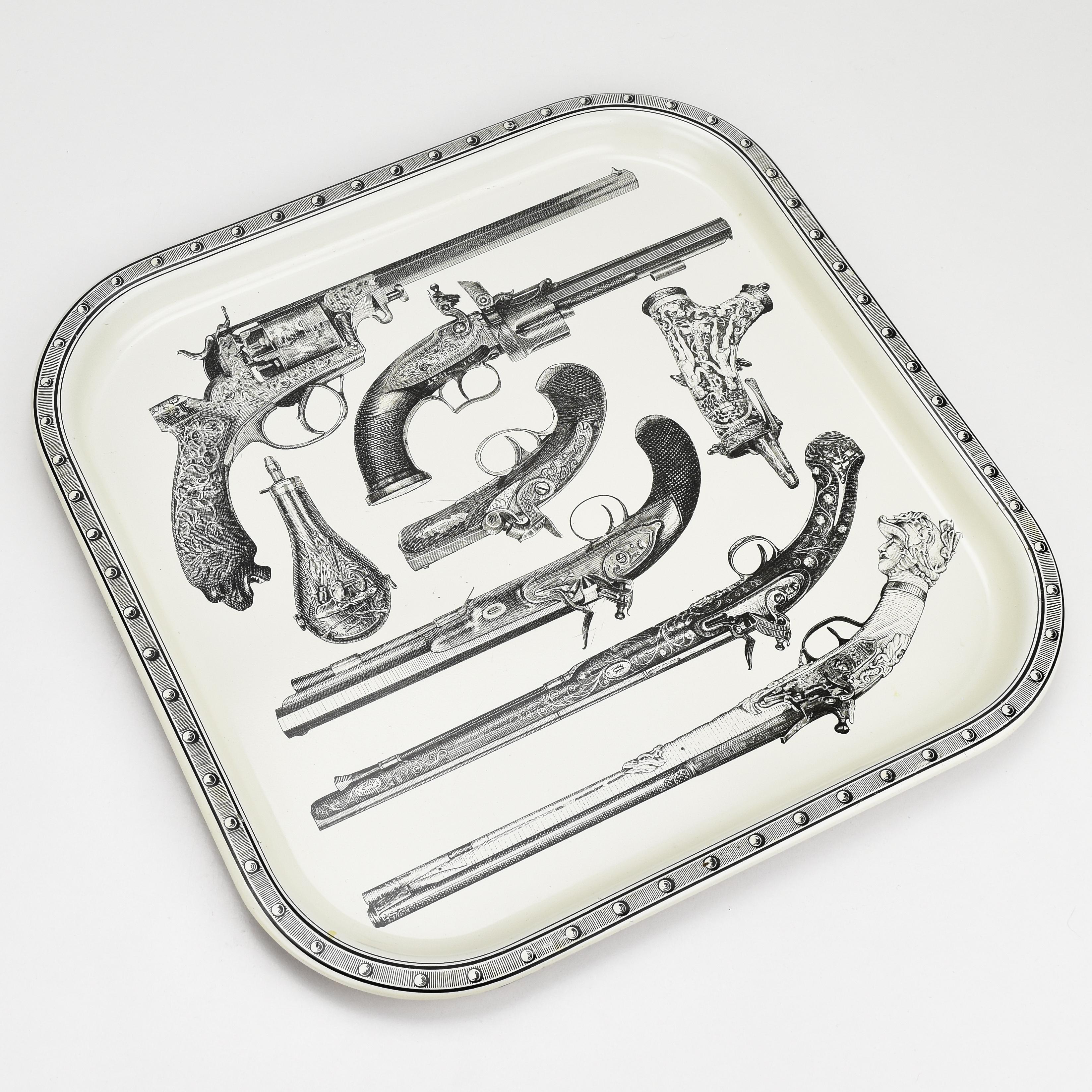 Mid-Century Modern Square Tray by Piero Fornasetti Milano Gun Pattern Metal w. Silkscreen Print For Sale