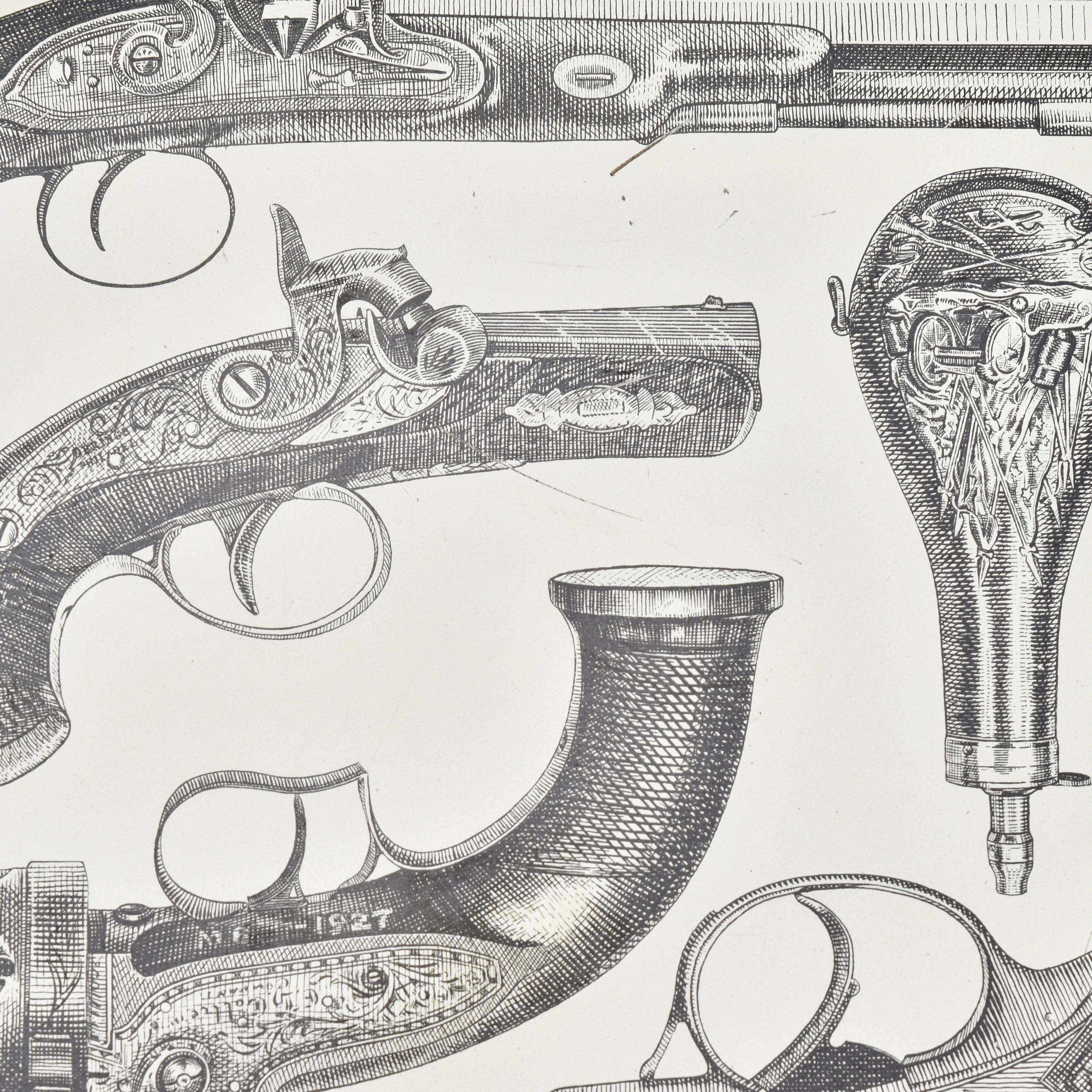 Mid-20th Century Square Tray by Piero Fornasetti Milano Gun Pattern Metal w. Silkscreen Print For Sale