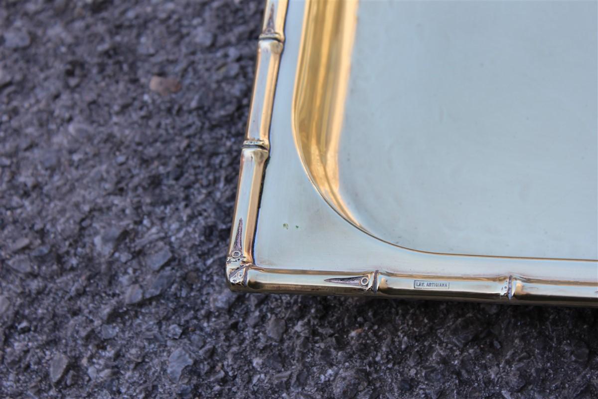 Mid-Century Modern Square Tray in Solid Brass Italian Design with Raised Bamboo, 1970s