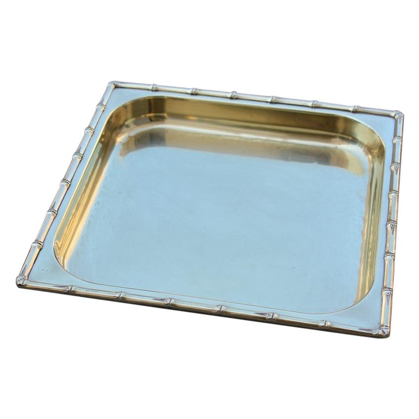Square Tray in Solid Brass Italian Design with Raised Bamboo, 1970s