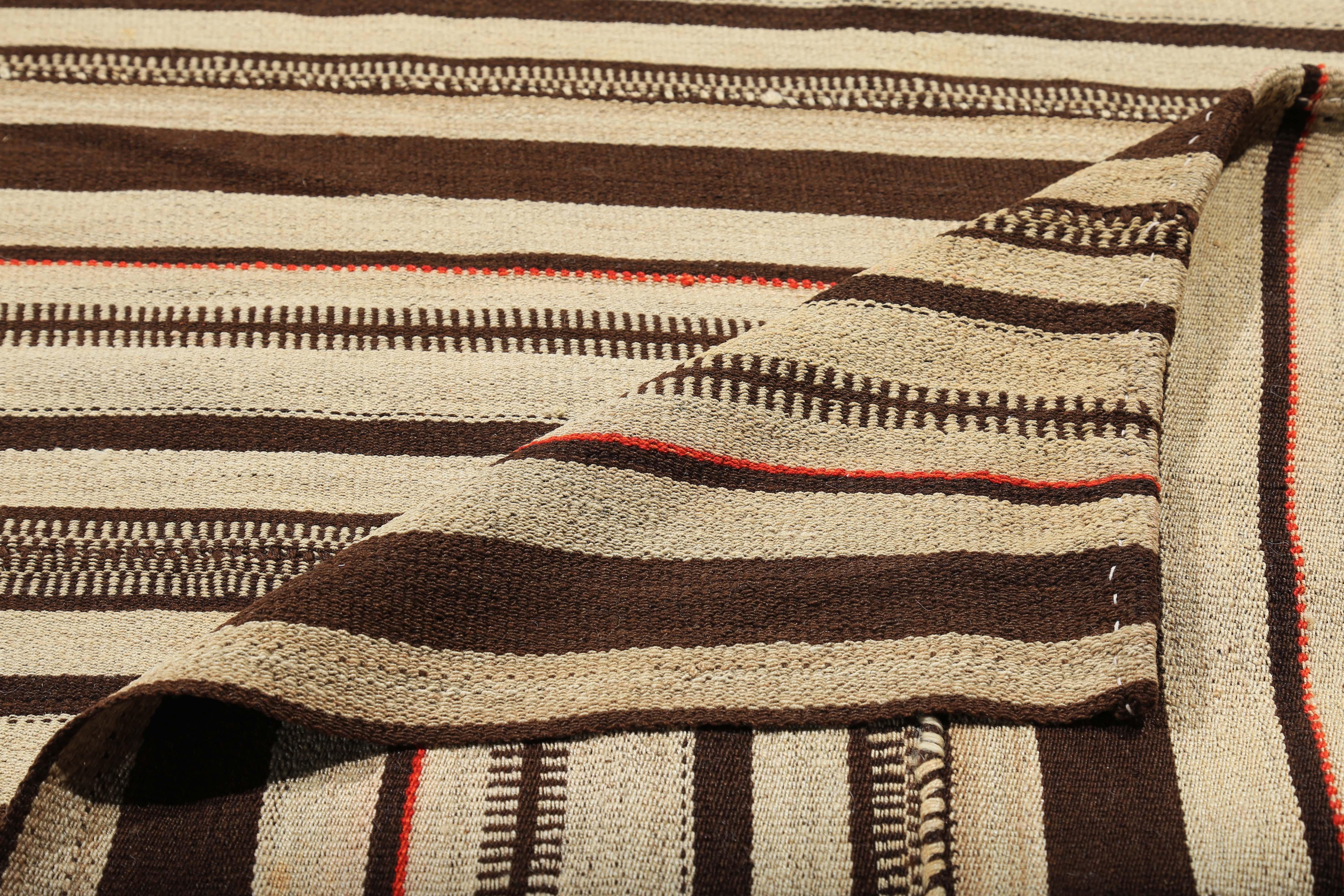 Square Turkish Kilim Rug with Brown and Red Stripes on Ivory Field In New Condition For Sale In Dallas, TX
