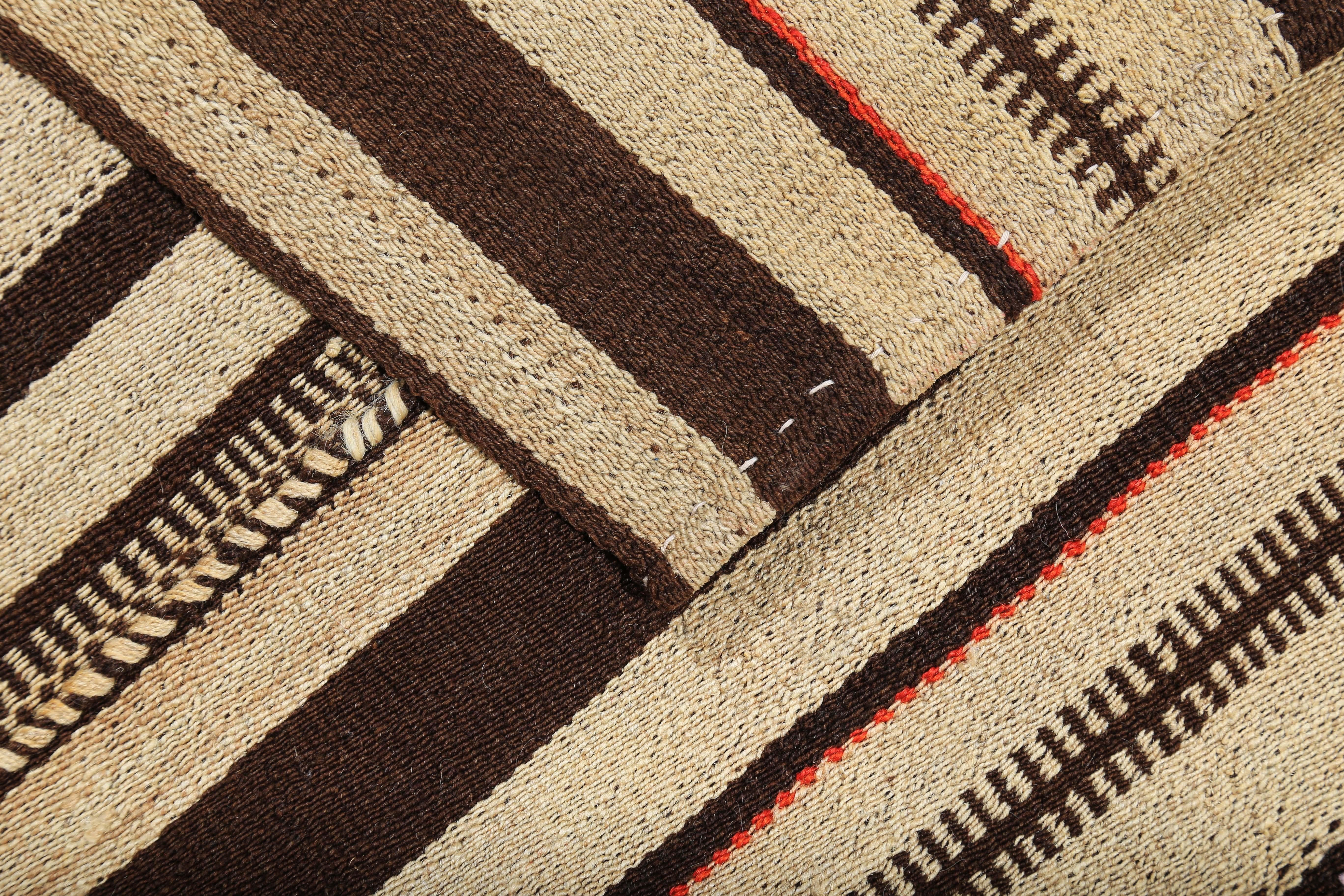 Contemporary Square Turkish Kilim Rug with Brown and Red Stripes on Ivory Field For Sale