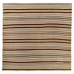 Square Turkish Kilim Rug with Brown and Red Stripes on Ivory Field