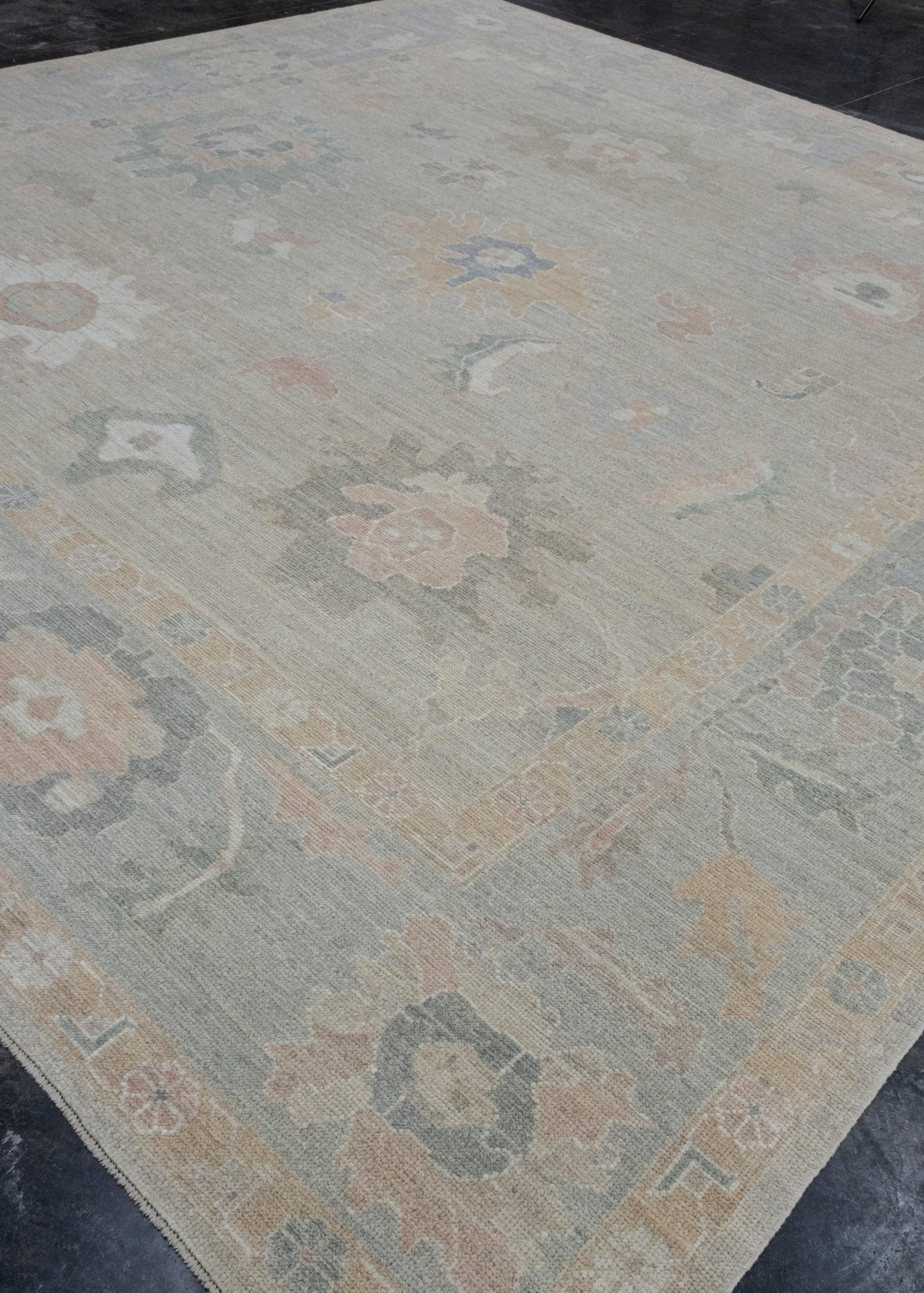 Hand-Knotted Square Turkish Oushak Rug 12'1