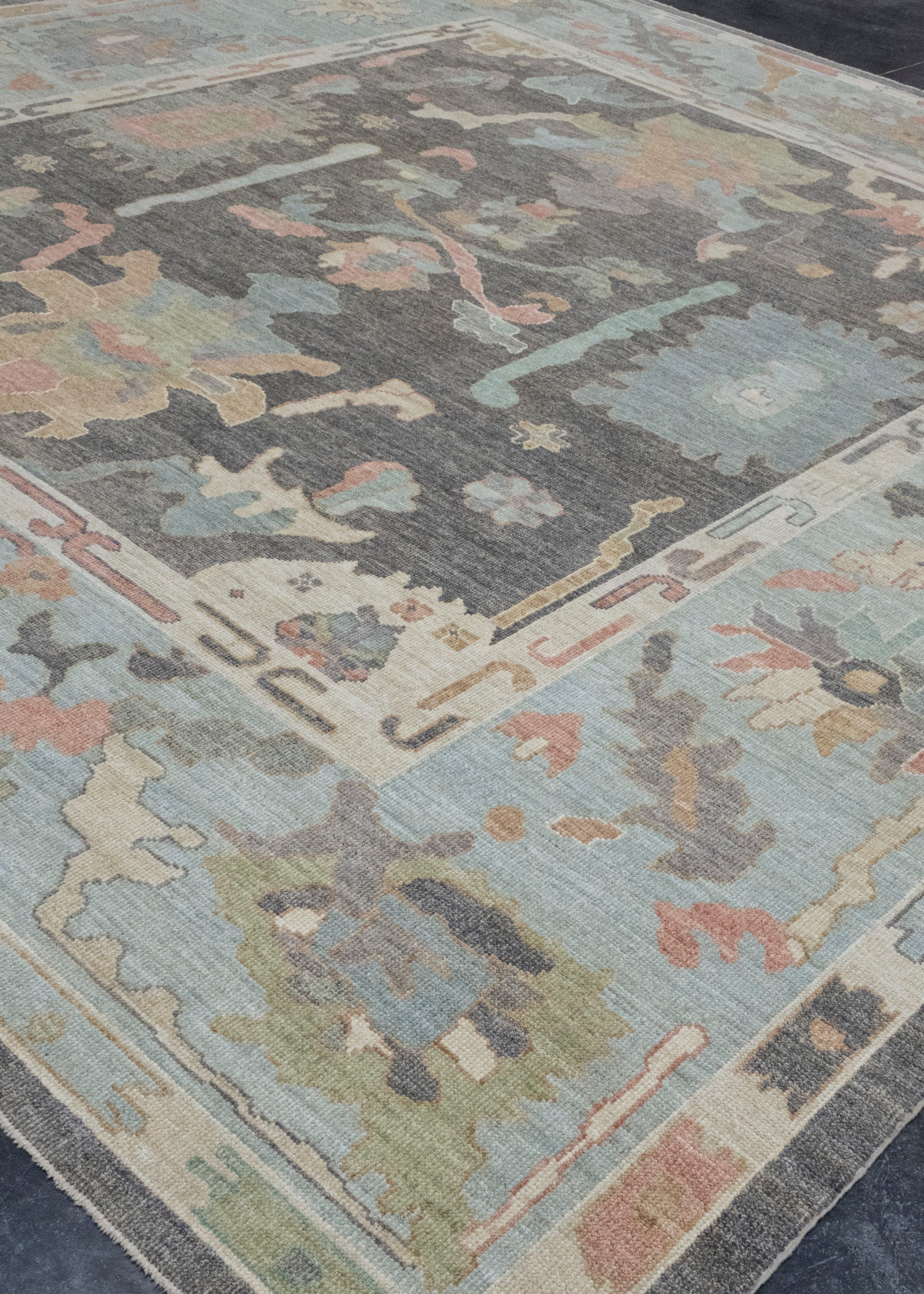 Hand-Knotted Square Turkish Oushak Rug 12'3