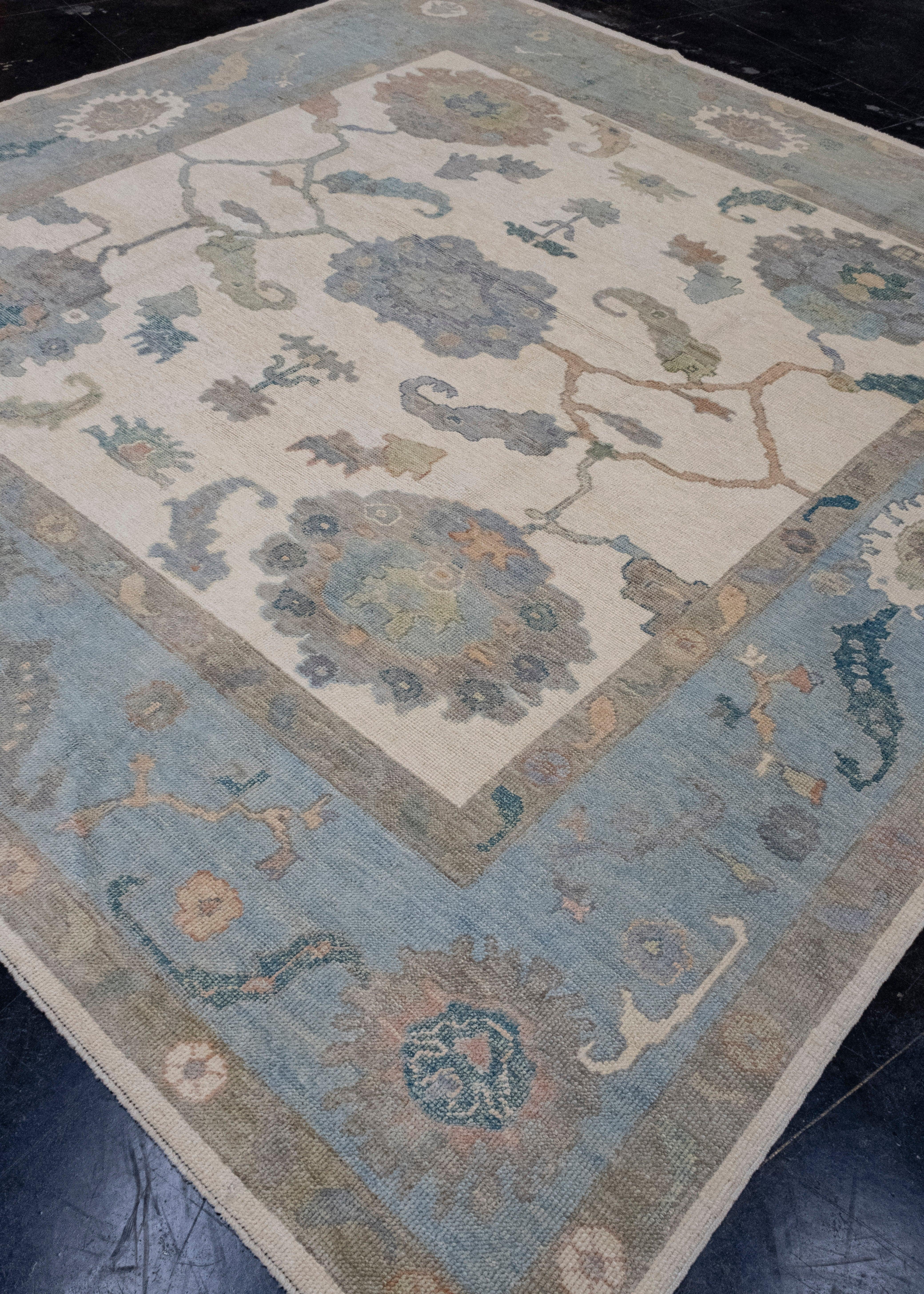 Hand-Knotted Square Turkish Oushak Rug 9'6
