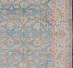 Square Turkish Oushak Rug in Light Blue, Light Brown, Salmon, Silver & Tan