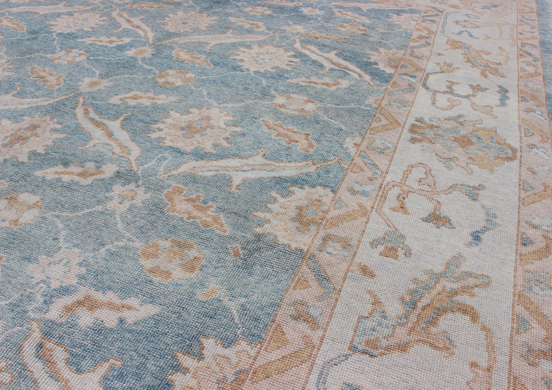 Hand-Knotted Square Turkish Oushak Rug in Light Blue, Light Brown, Salmon, Silver & Tan For Sale