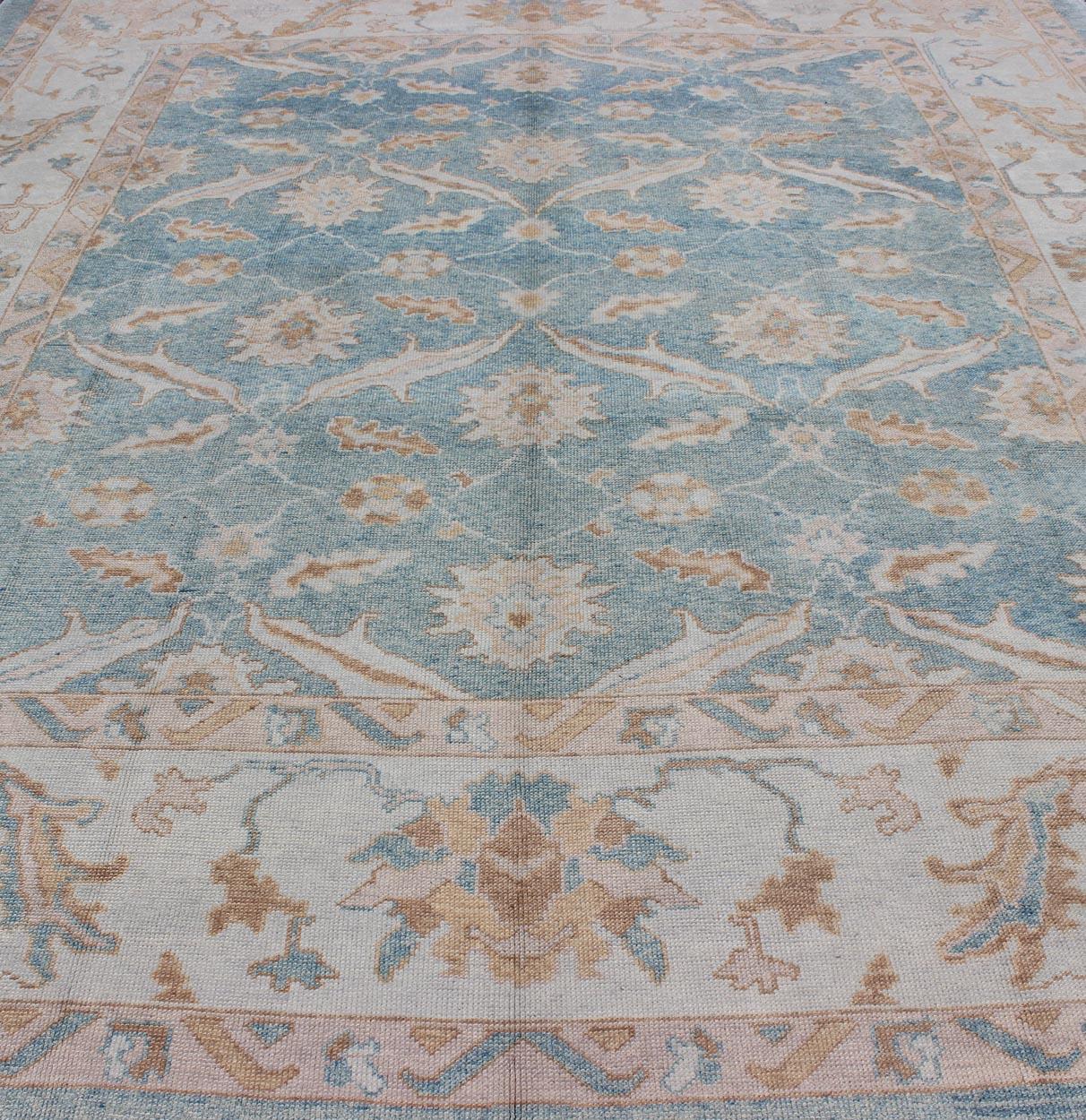 Square Turkish Oushak Rug in Light Blue, Light Brown, Salmon, Silver & Tan In Excellent Condition For Sale In Atlanta, GA
