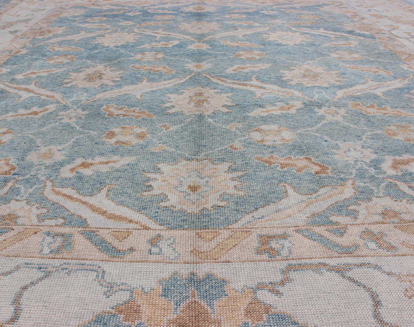 Contemporary Square Turkish Oushak Rug in Light Blue, Light Brown, Salmon, Silver & Tan For Sale