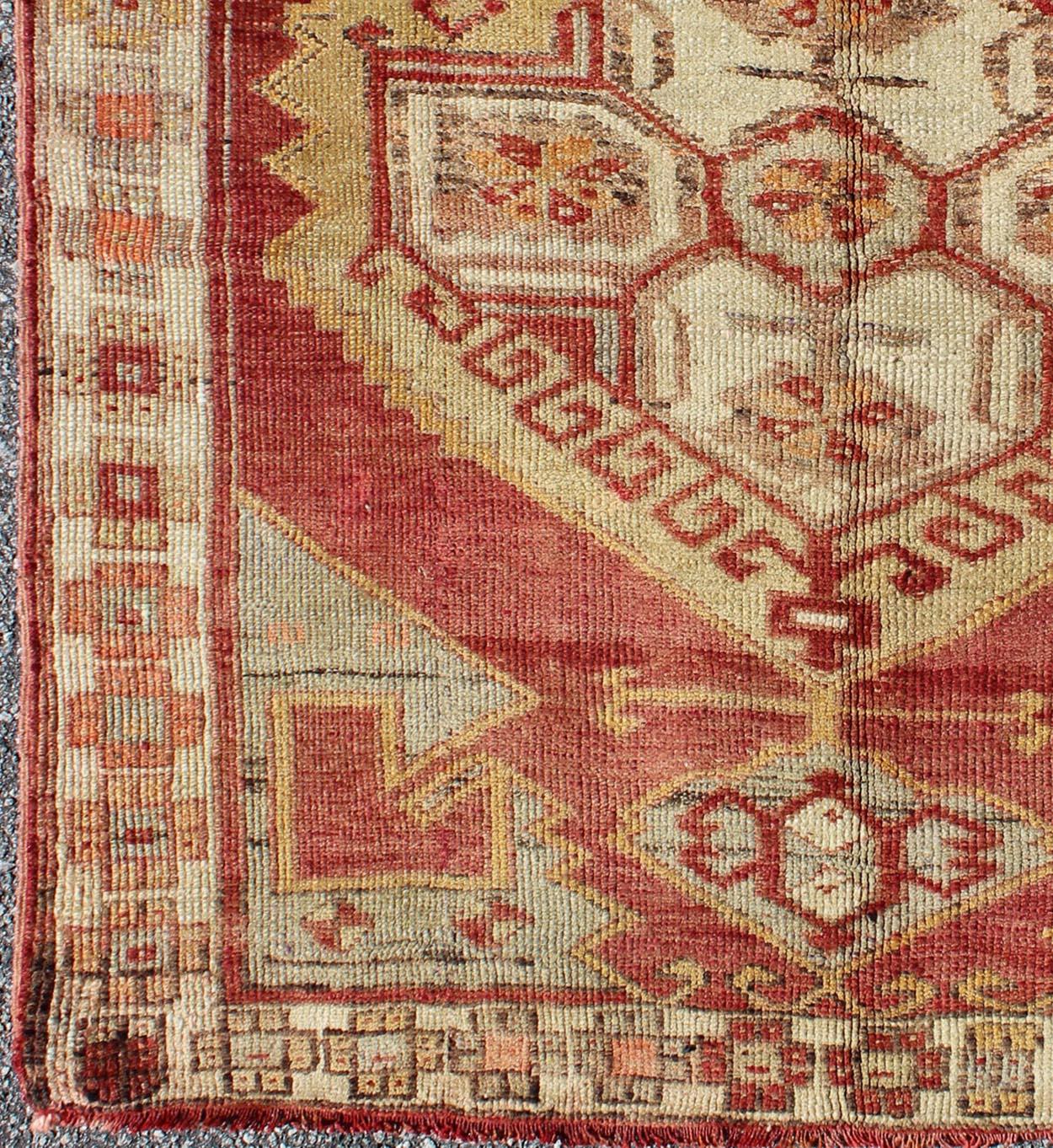 Hand-Knotted Square Turkish Oushak with Medallion Design in Muted Red, L. Green & Yellow For Sale