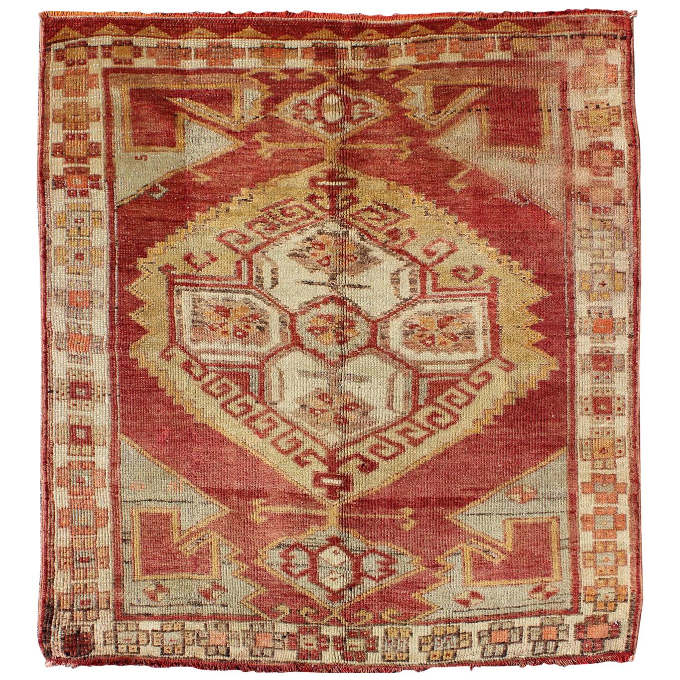 Square Turkish Oushak with Medallion Design in Muted Red, L. Green & Yellow