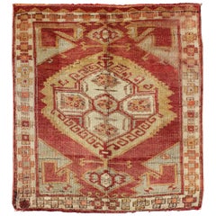 Vintage Square Turkish Oushak with Medallion Design in Muted Red, L. Green & Yellow