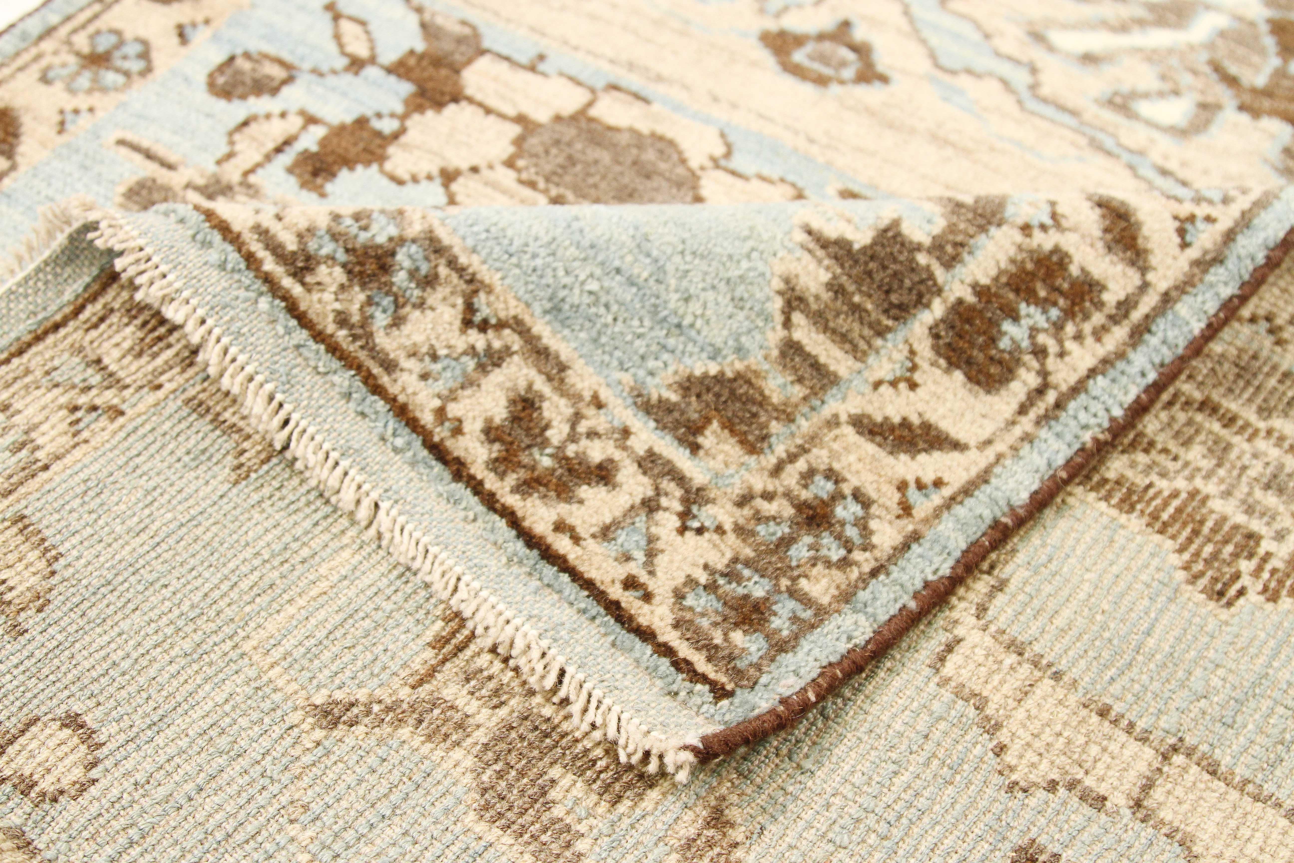 Hand-Woven Square Turkish Sultanabad Style Rug with Ivory and Brown Botanical Details For Sale