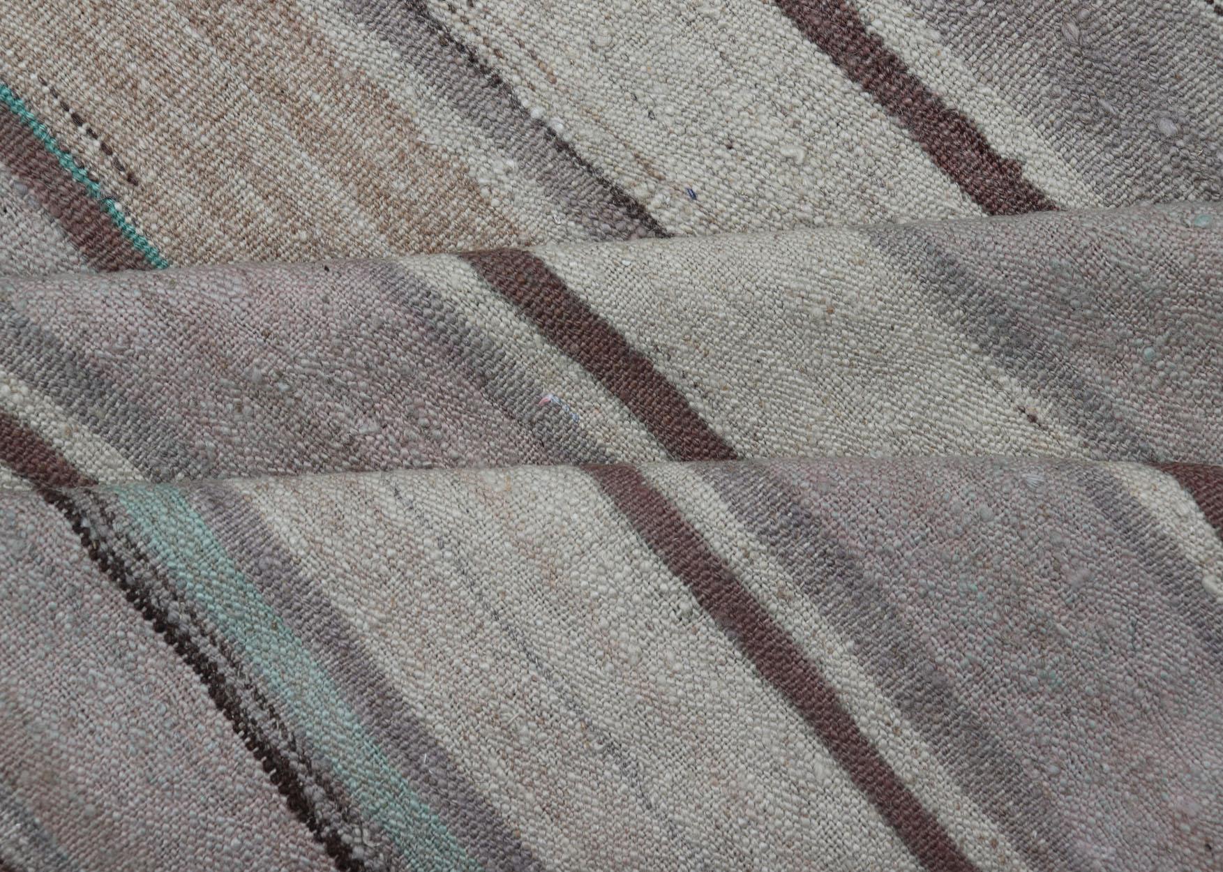 Square Turkish Vintage Flat-Weave in Brown, Lavender, and Cream Stripe Design For Sale 3