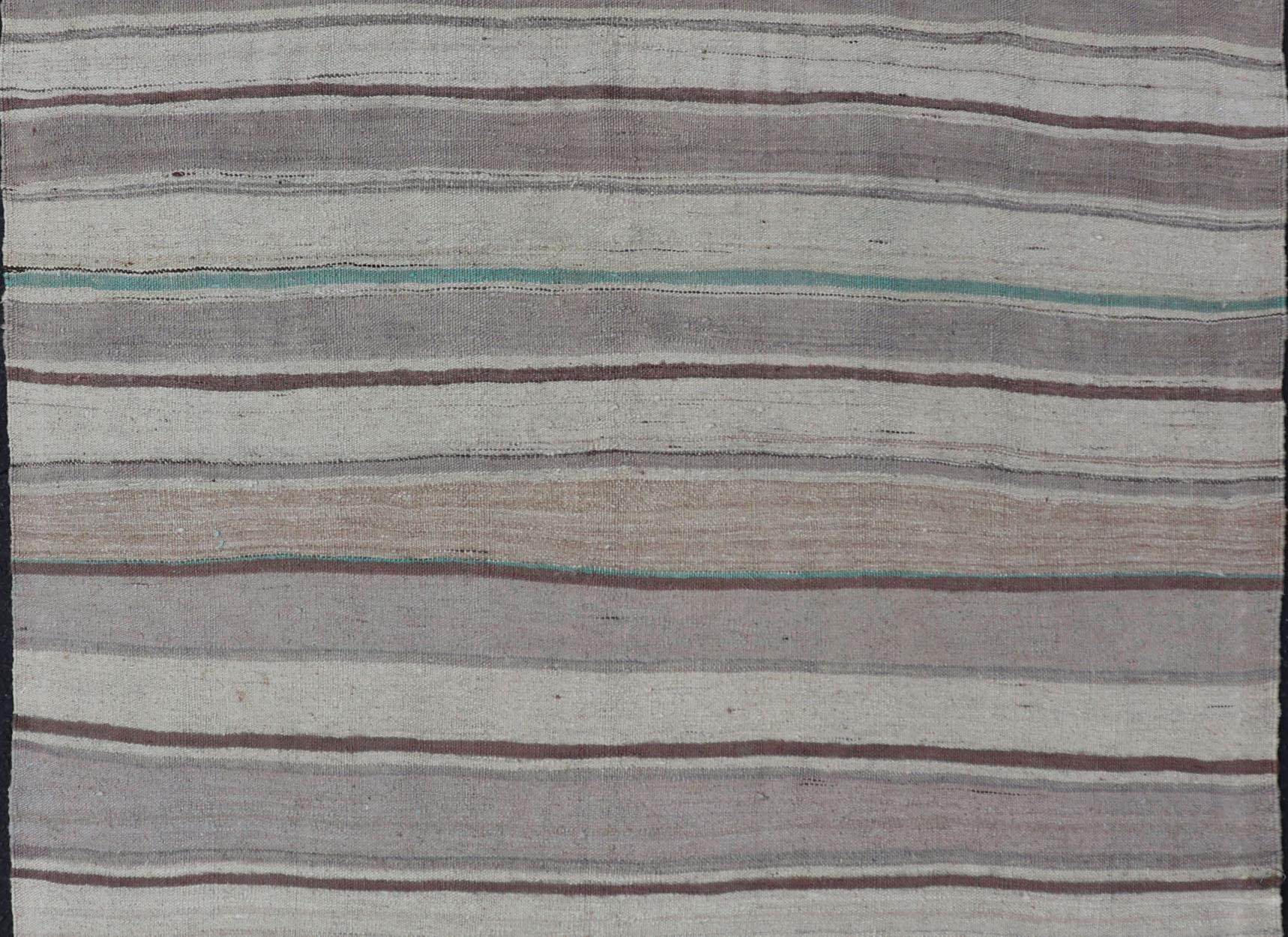 Kilim Square Turkish Vintage Flat-Weave in Brown, Lavender, and Cream Stripe Design